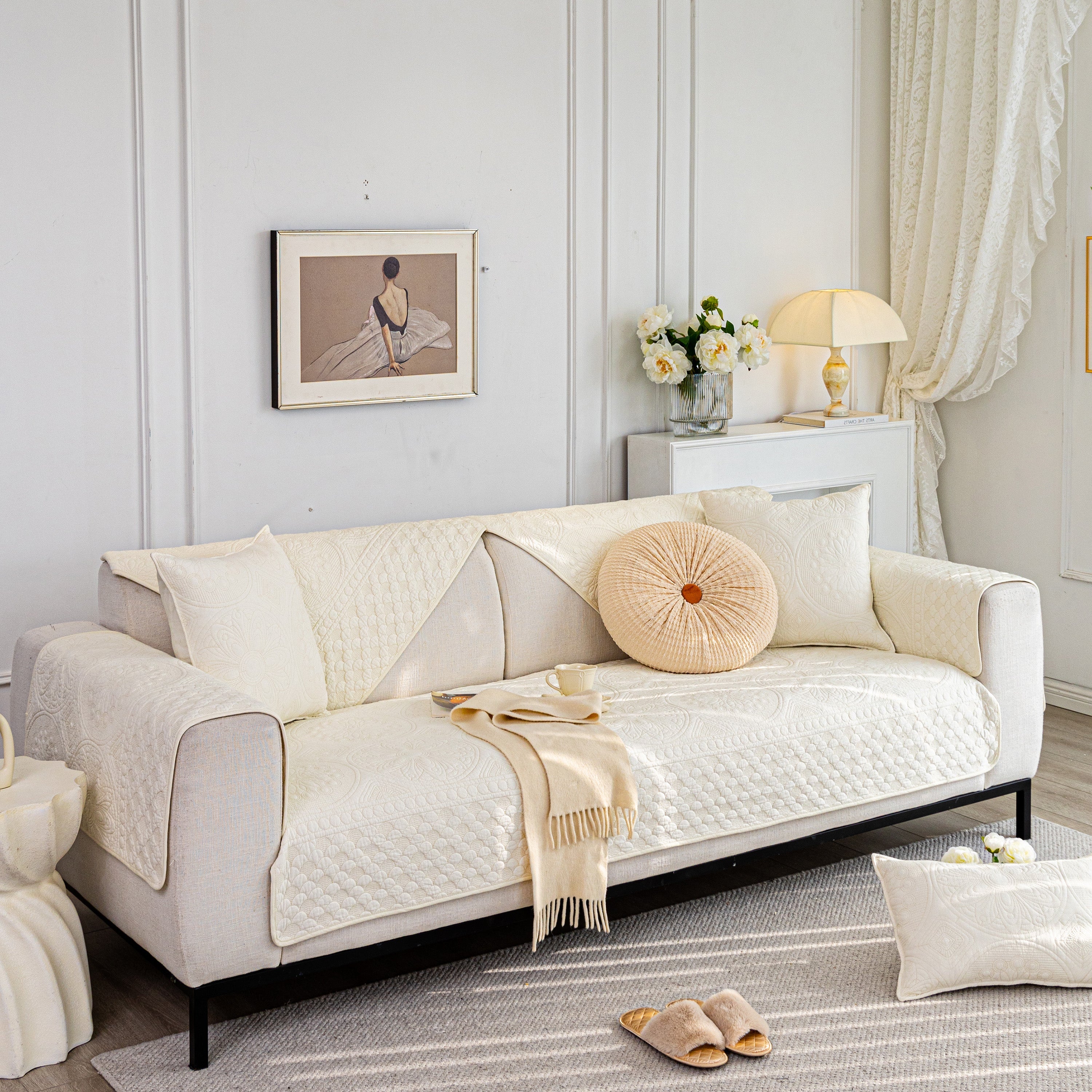 Cotton Quilted Sofa Cover, Non-slip Couch Protector Fits Backrest, Seat & Armrest