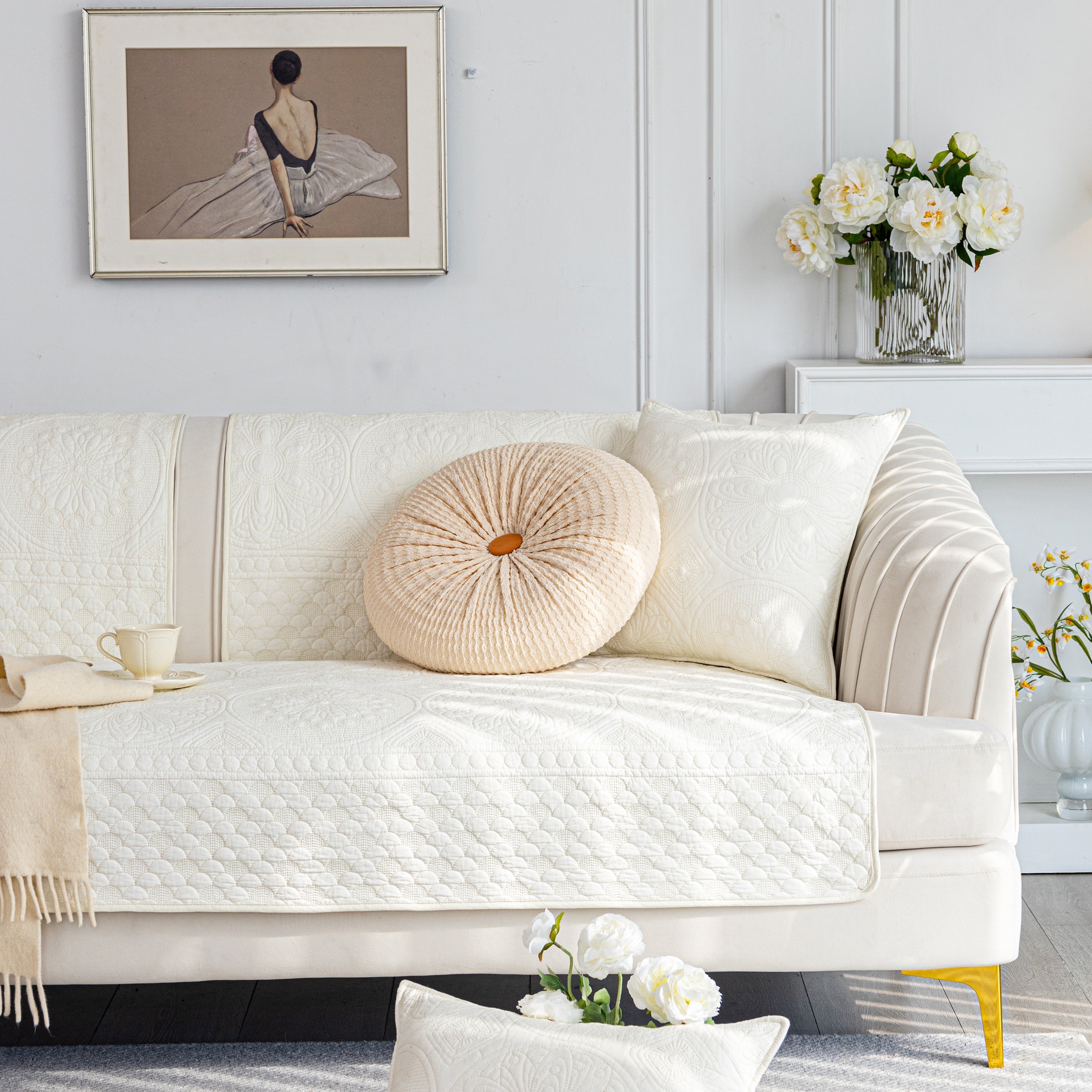 Cotton Quilted Sofa Cover, Non-slip Couch Protector Fits Backrest, Seat & Armrest