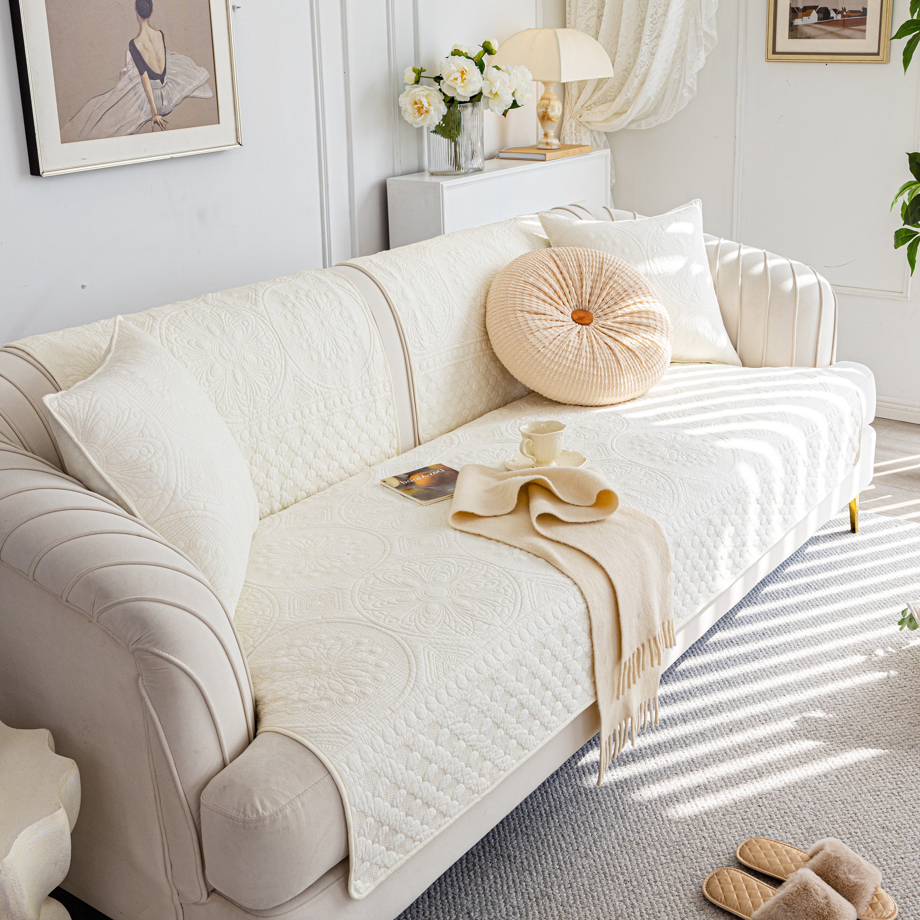 Cotton Quilted Sofa Cover, Non-slip Couch Protector Fits Backrest, Seat & Armrest