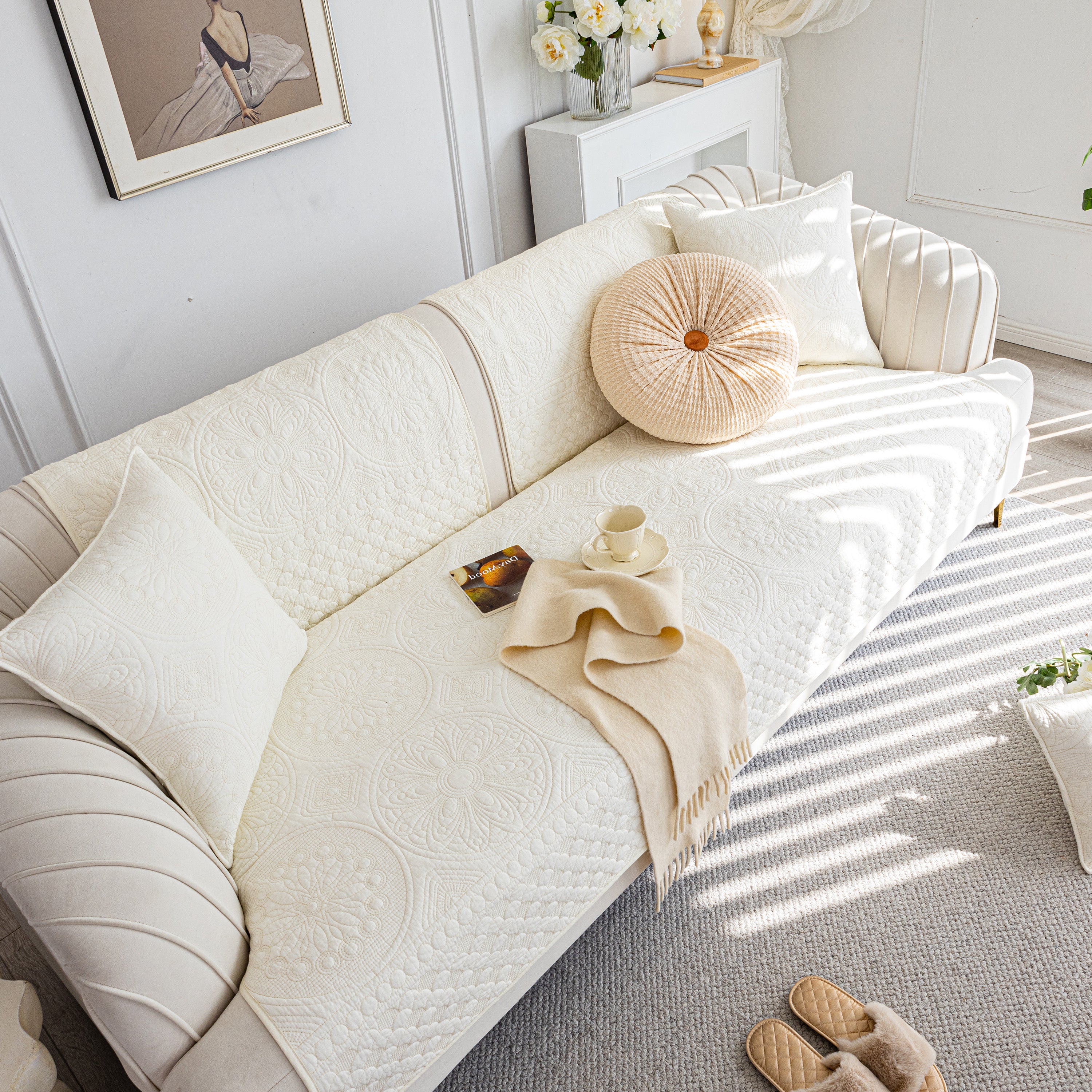 Cotton Quilted Sofa Cover, Non-slip Couch Protector Fits Backrest, Seat & Armrest