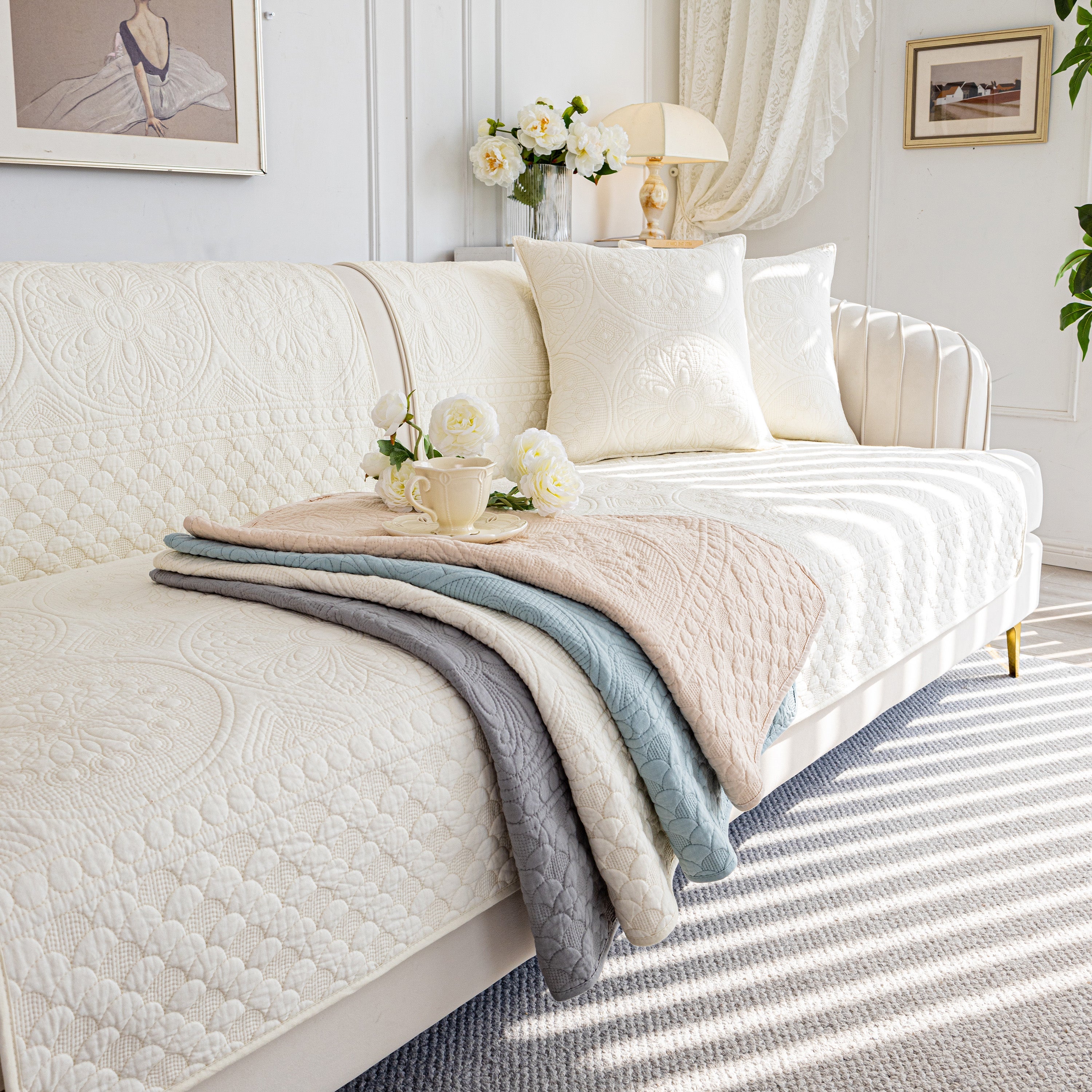 Cotton Quilted Sofa Cover, Non-slip Couch Protector Fits Backrest, Seat & Armrest