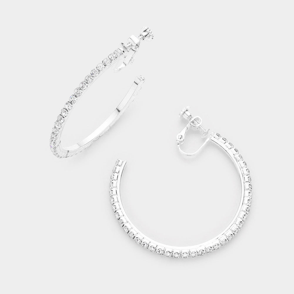 1.75 Inch Rhinestone Hoop Clip On Earrings