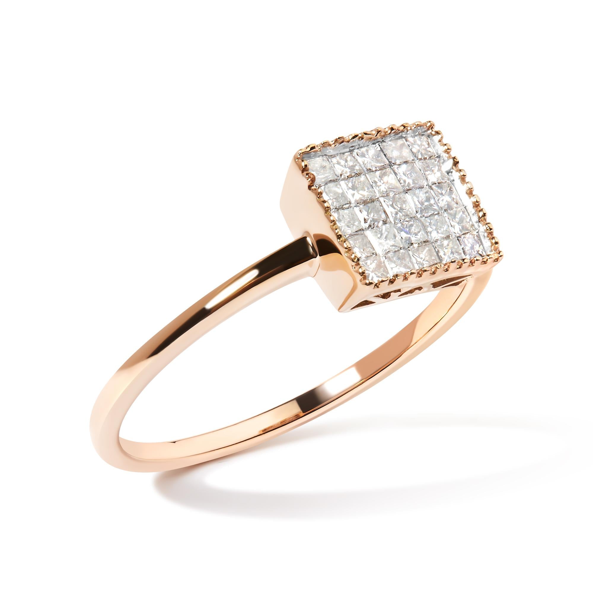 10k Rose Gold 1/3 Cttw Invisible Set Princess Cut Diamond Composite Square Shape Ring (h-i Color, I1-i2 Clarity)