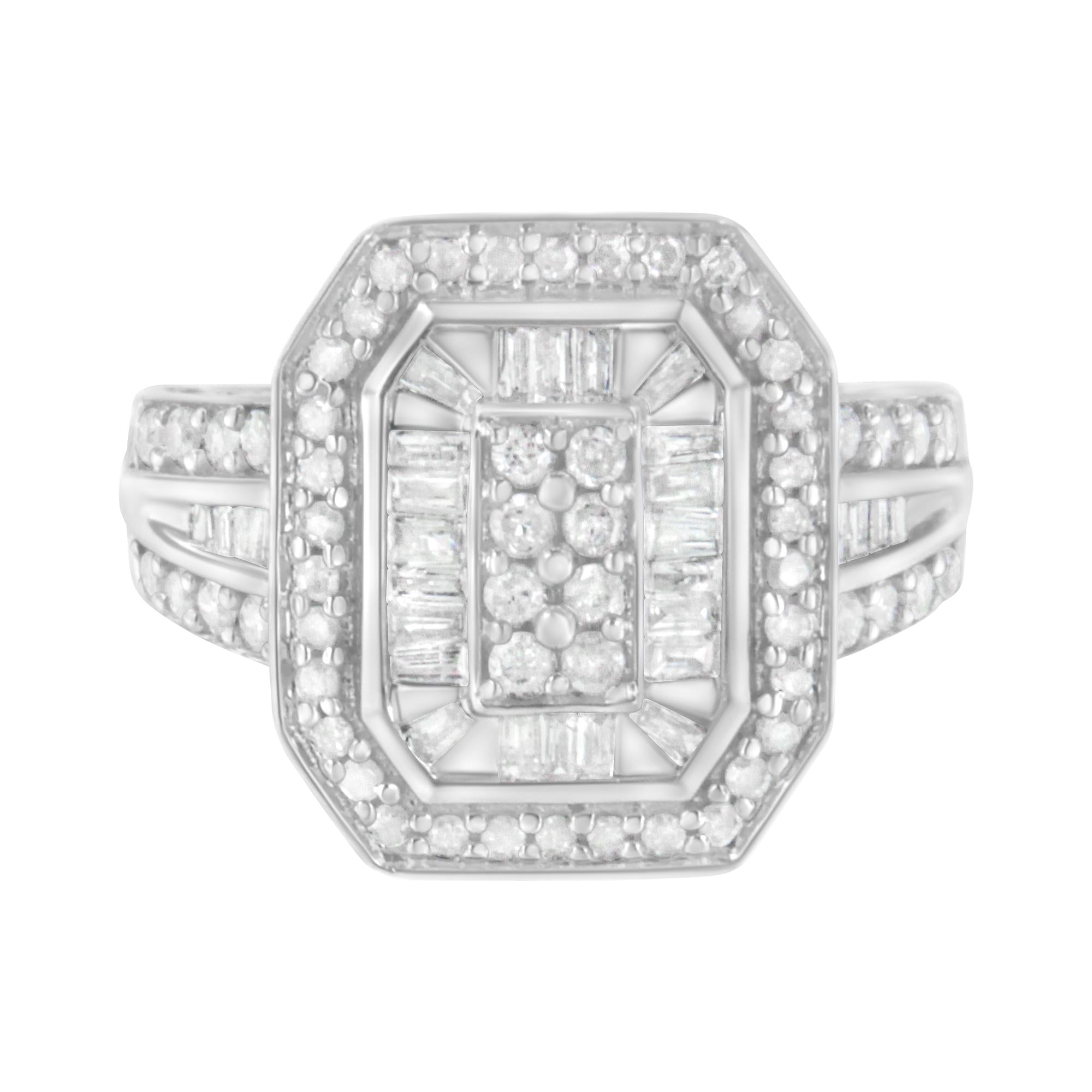.925 Sterling Silver Round And Baguette Diamond Cathedral Ring (0.75 Cttw, H-i Color, I2-i3 Clarity)