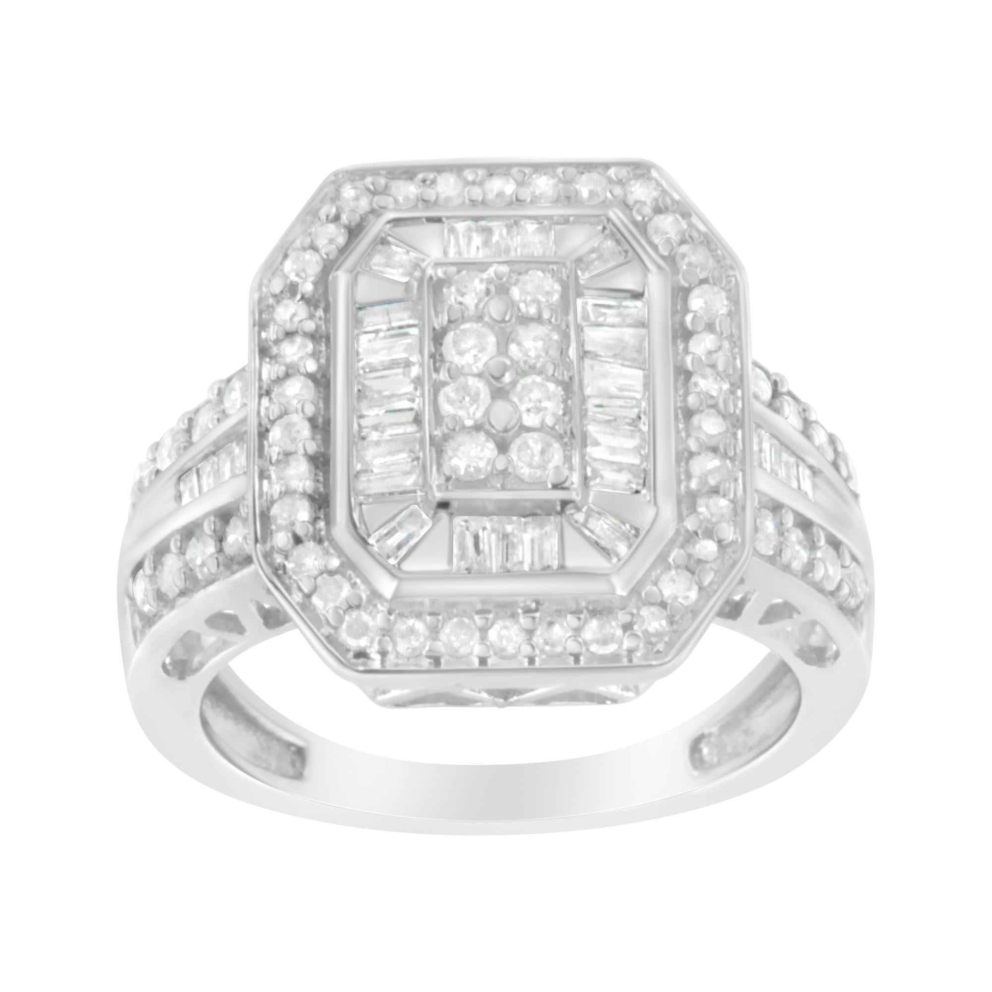 .925 Sterling Silver Round And Baguette Diamond Cathedral Ring (0.75 Cttw, H-i Color, I2-i3 Clarity)