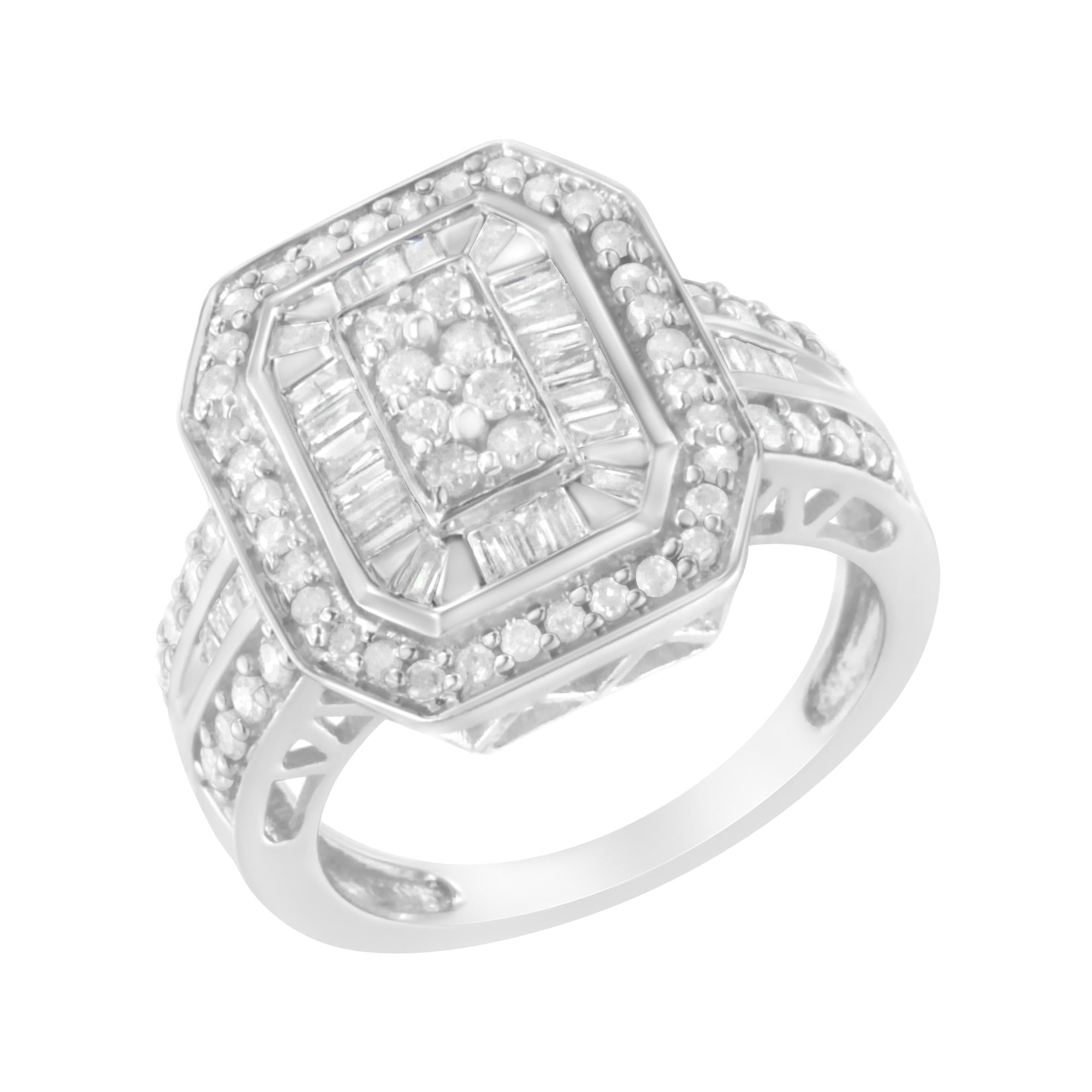 .925 Sterling Silver Round And Baguette Diamond Cathedral Ring (0.75 Cttw, H-i Color, I2-i3 Clarity)