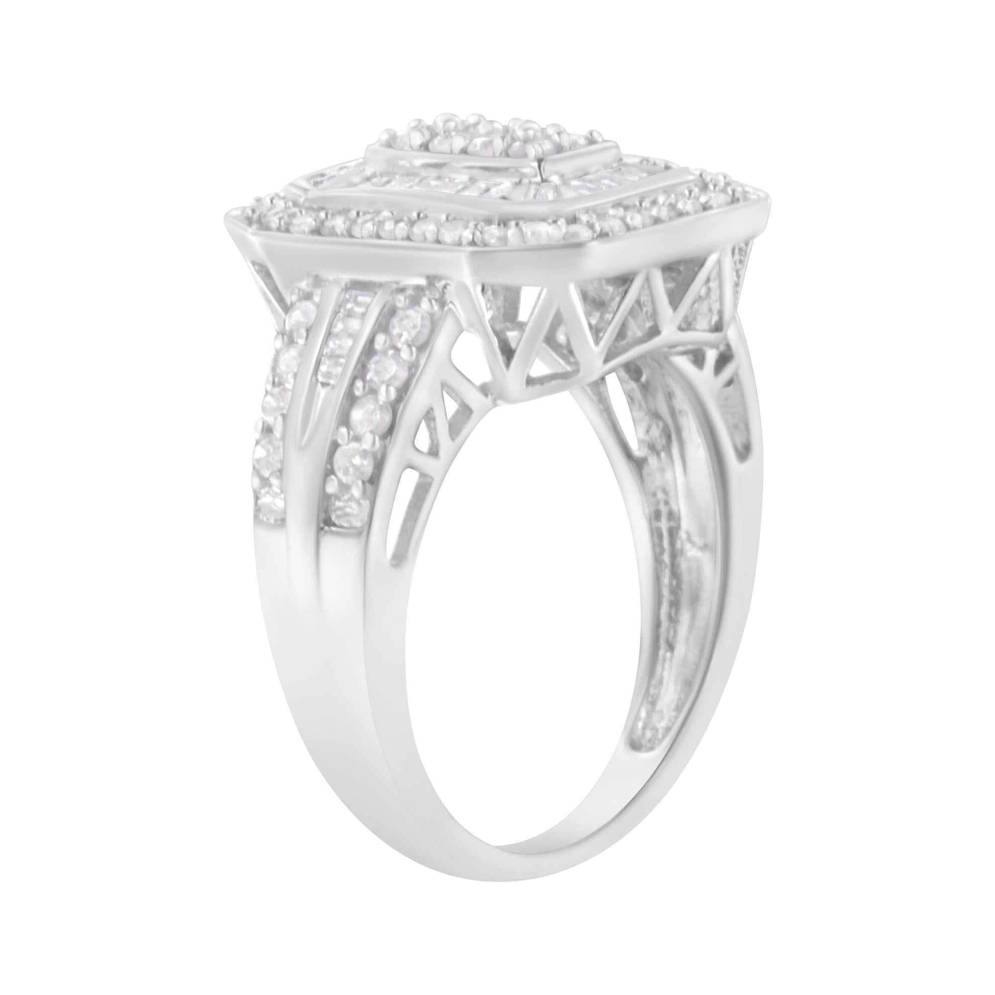 .925 Sterling Silver Round And Baguette Diamond Cathedral Ring (0.75 Cttw, H-i Color, I2-i3 Clarity)