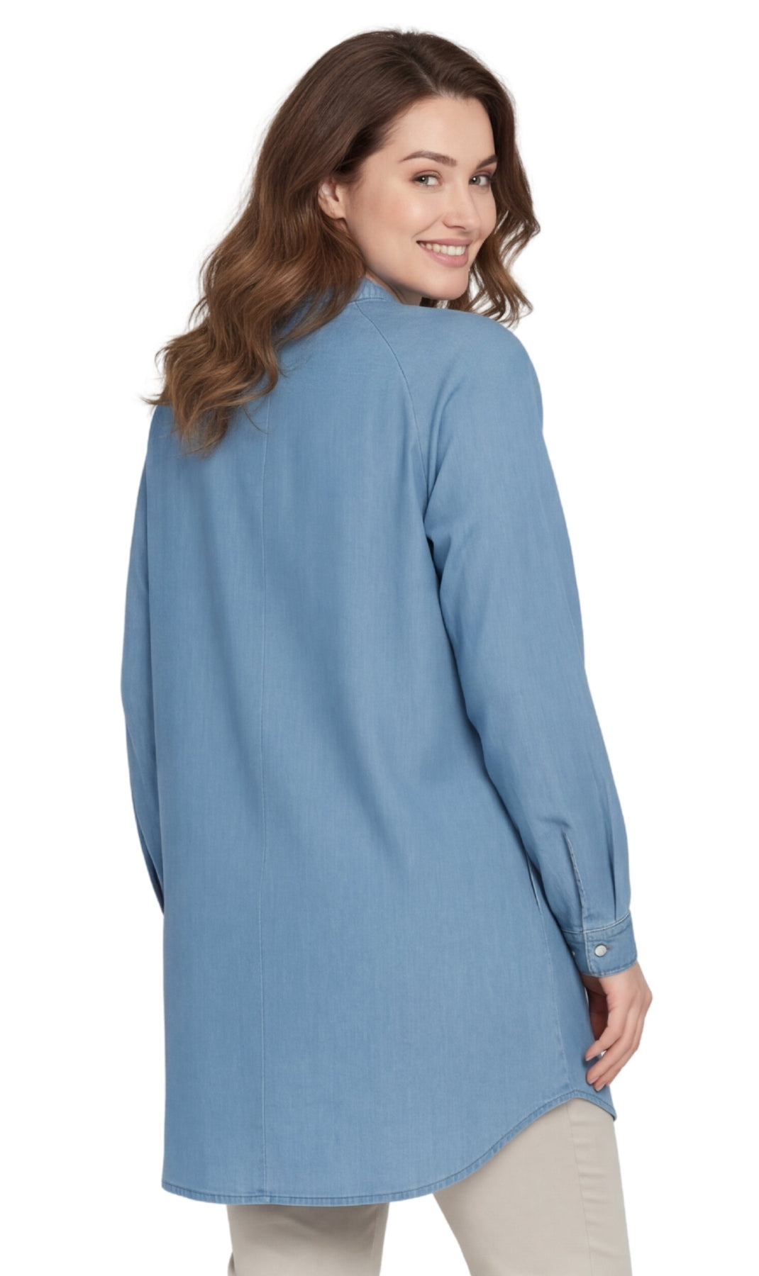 Women's Denim Pintuck Button-front Tunic Top