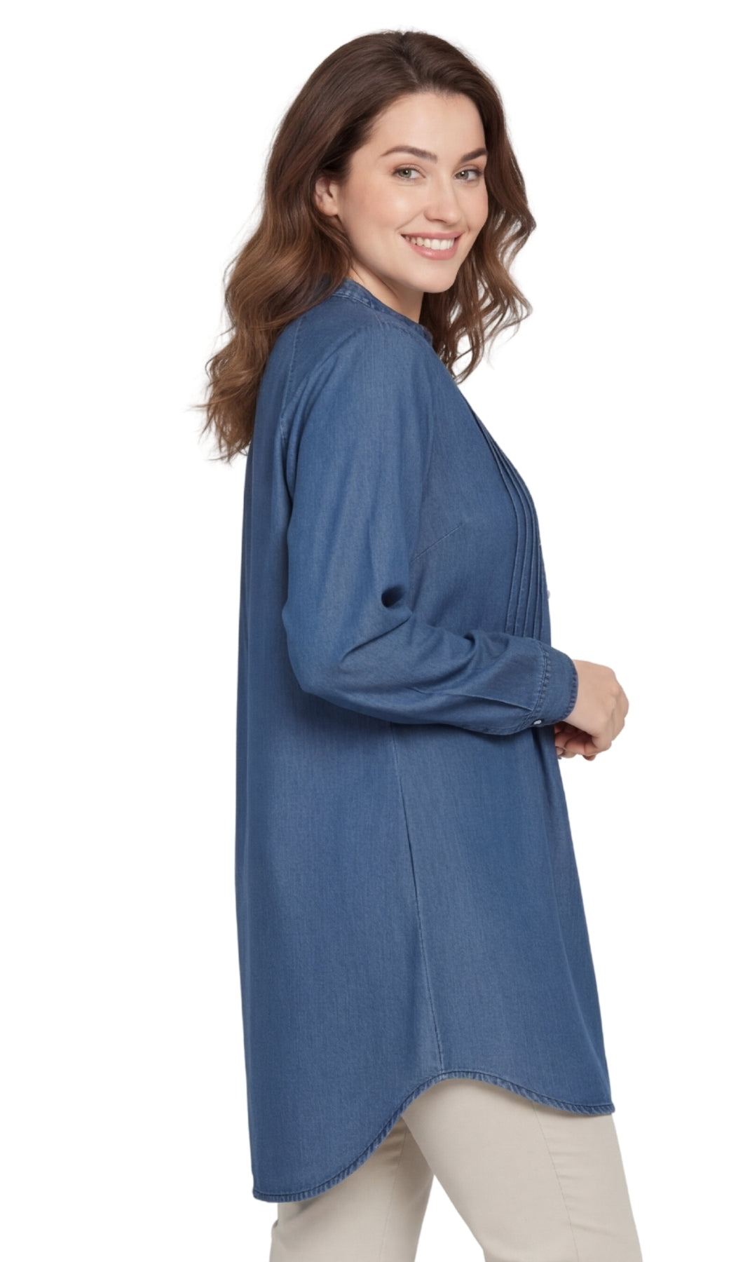 Women's Denim Pintuck Button-front Tunic Top