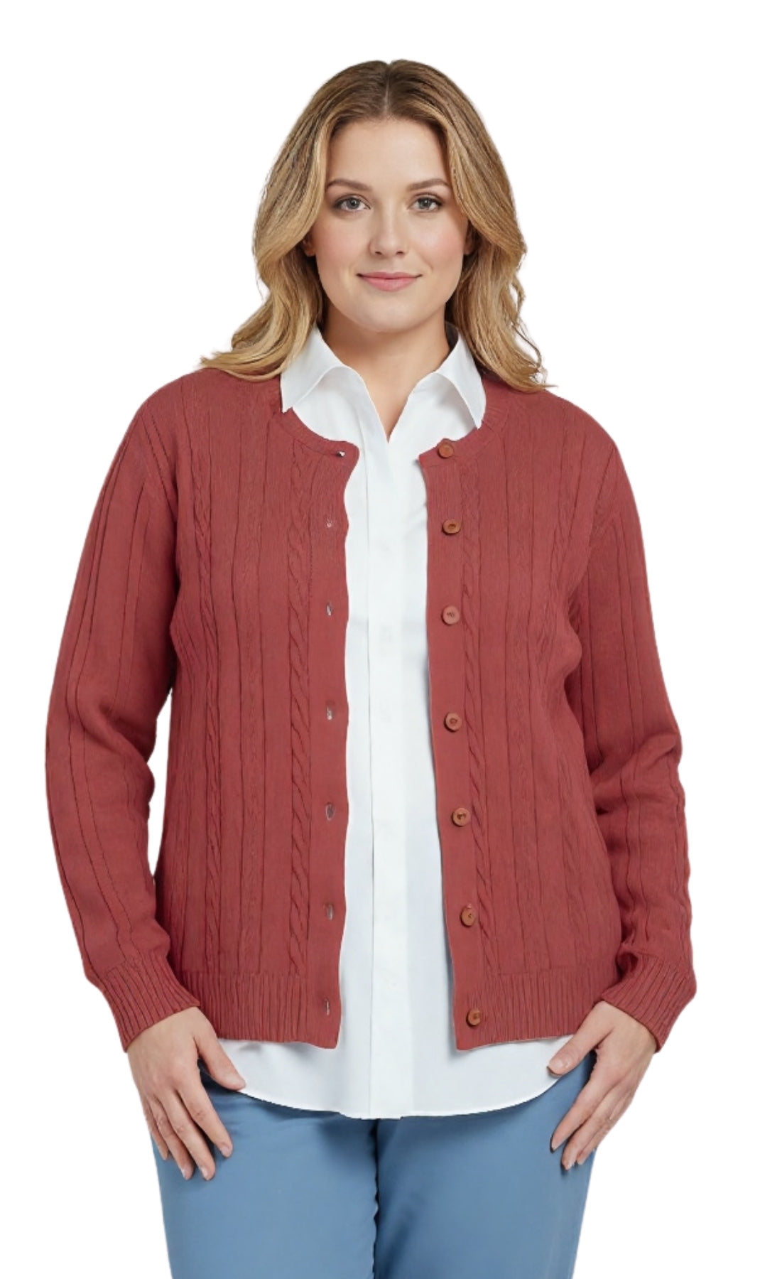 Women's Classic Button Front Cable Knit Cardigan In Soft Acryllic