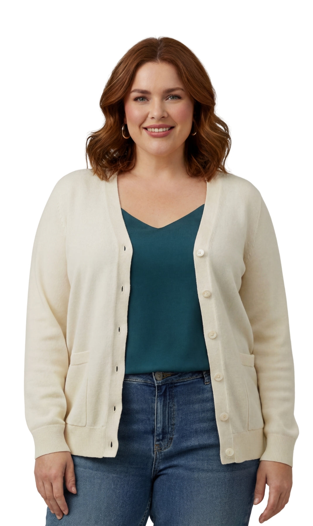 Women's Soft Cotton Button-up Cardigan Crewneck Sweater Long Sleeves With Front Pockets