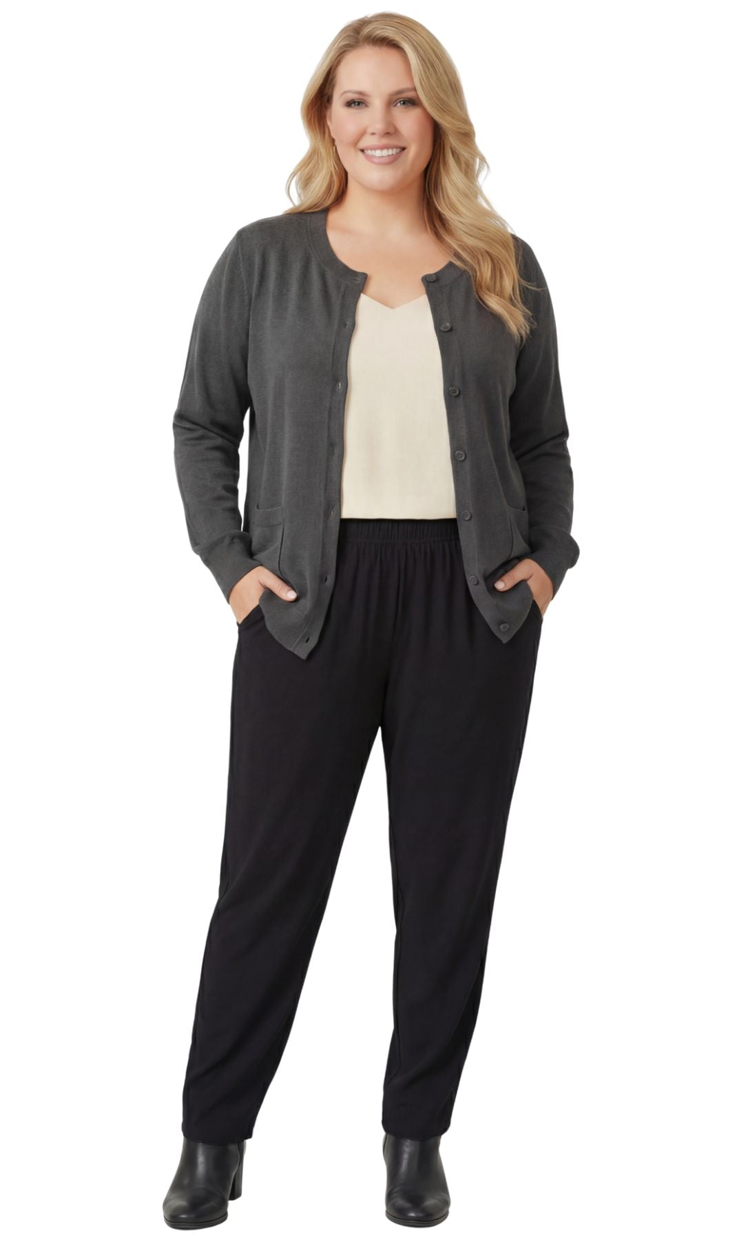 Women's Soft Cotton Button-up Cardigan Crewneck Sweater Long Sleeves With Front Pockets