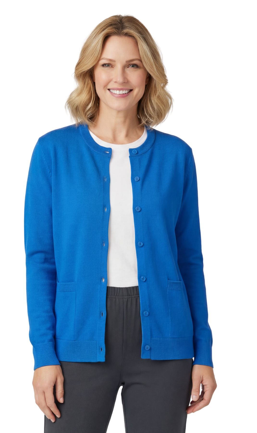 Women's Soft Cotton Button-up Cardigan Crewneck Sweater Long Sleeves With Front Pockets