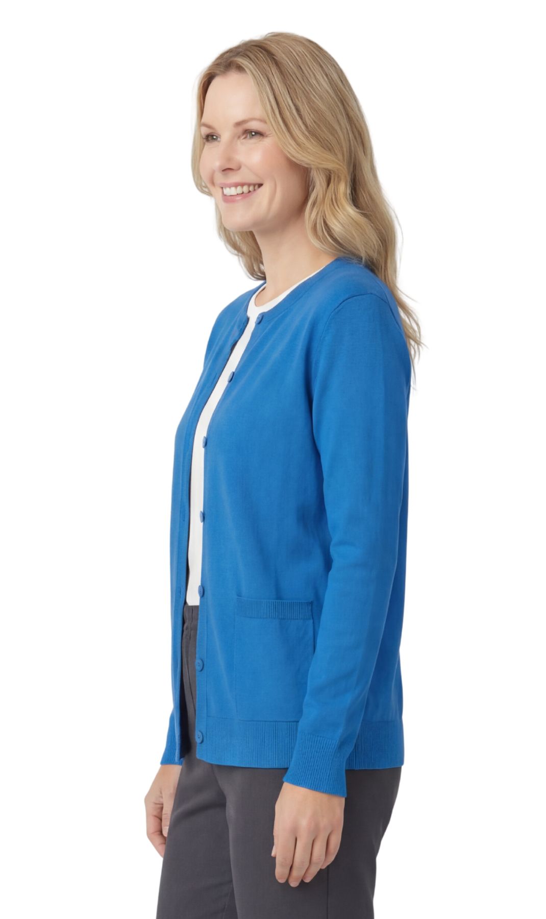 Women's Soft Cotton Button-up Cardigan Crewneck Sweater Long Sleeves With Front Pockets