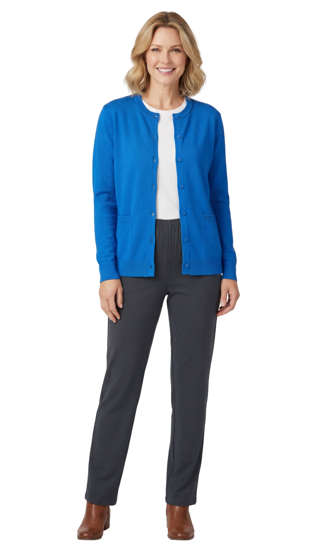Women's Soft Cotton Button-up Cardigan Crewneck Sweater Long Sleeves With Front Pockets
