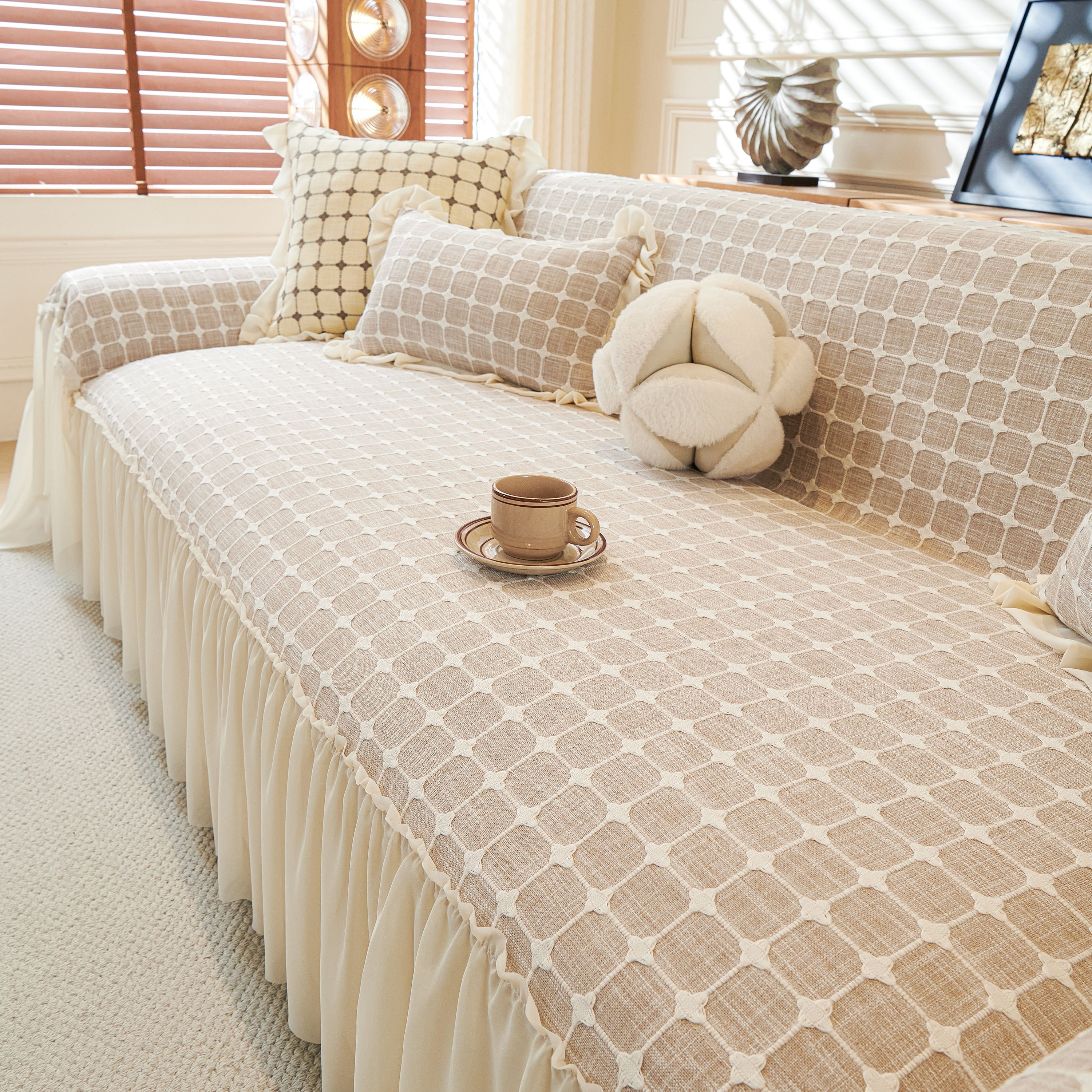 Grid Textured Sofa Cover With Sheer Ruffle Skirt, Pet-friendly Sofa Throw Slipcover