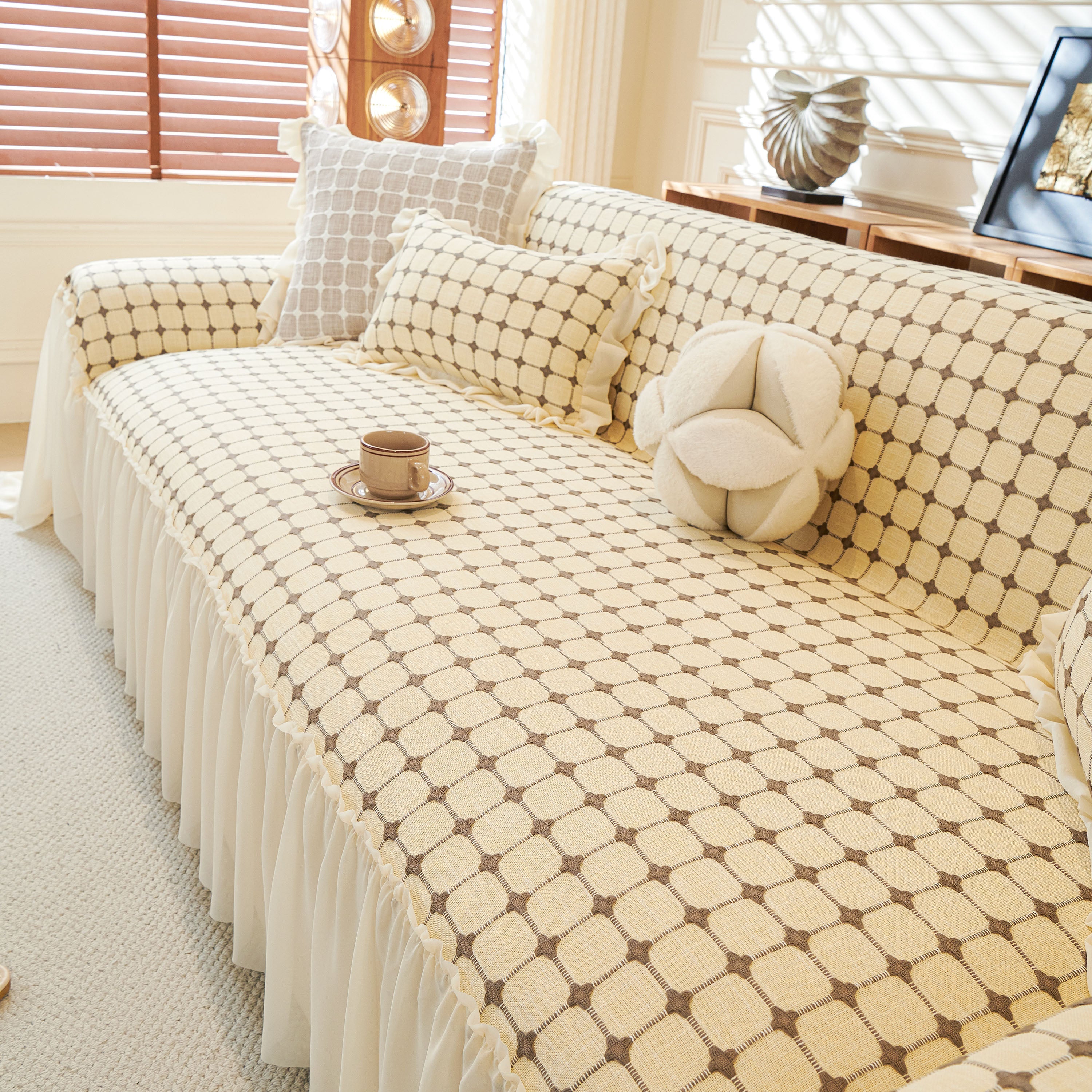 Grid Textured Sofa Cover With Sheer Ruffle Skirt, Pet-friendly Sofa Throw Slipcover