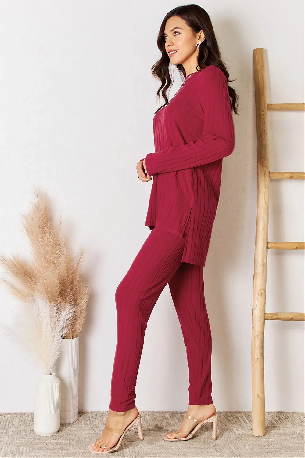 Basic Bae Full Size Ribbed Round Neck High-low Slit Top And Pants Set