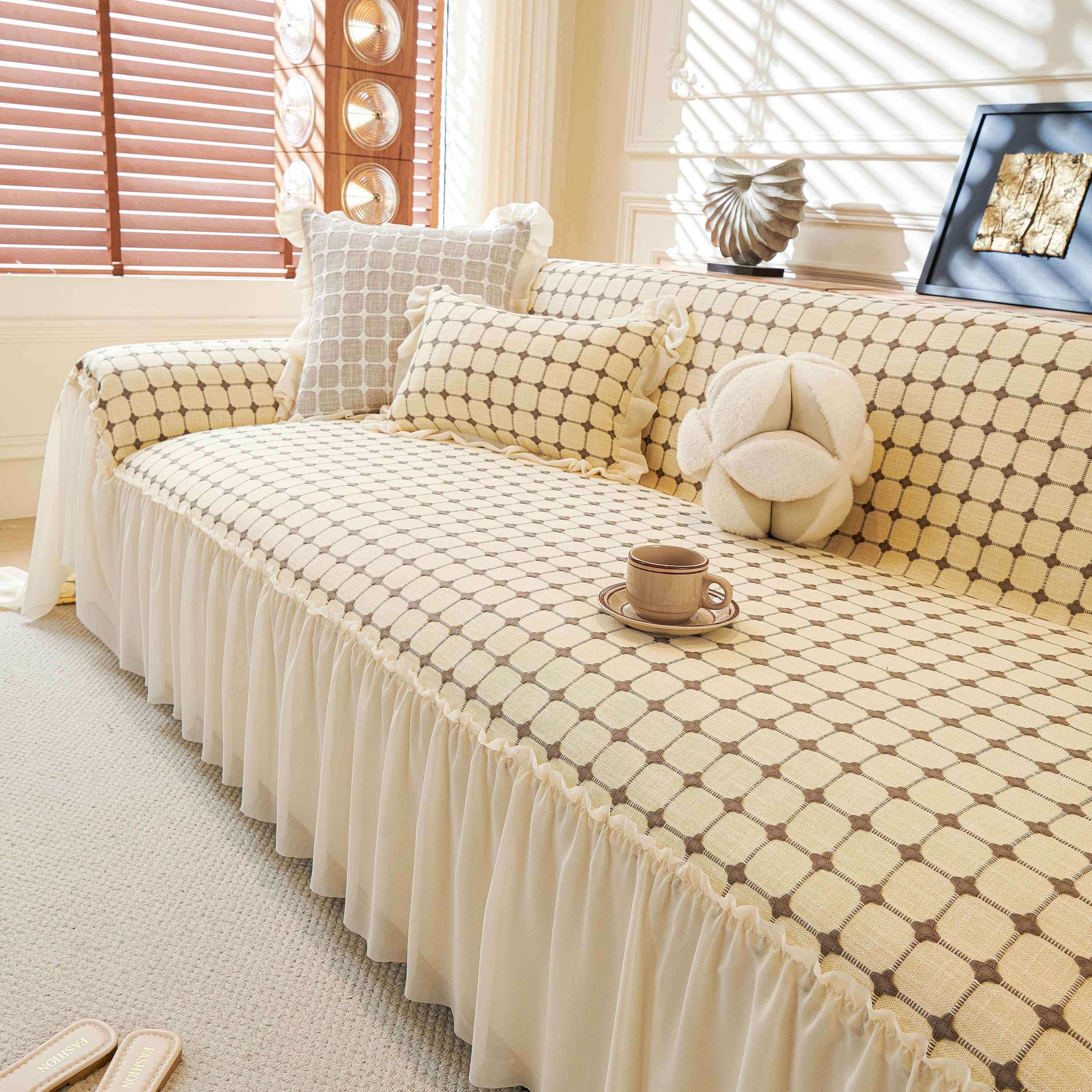 Grid Textured Sofa Cover With Sheer Ruffle Skirt, Pet-friendly Sofa Throw Slipcover