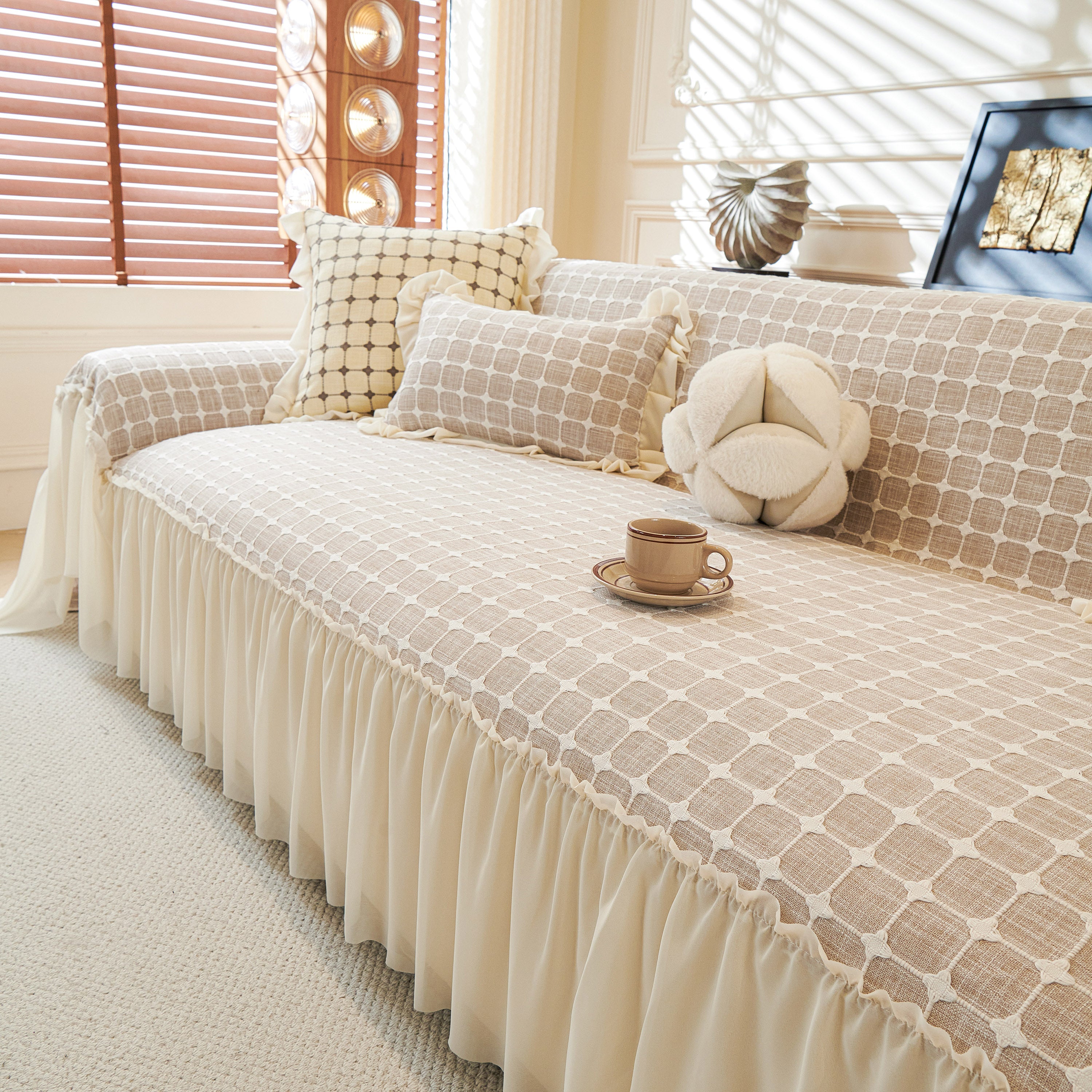 Grid Textured Sofa Cover With Sheer Ruffle Skirt, Pet-friendly Sofa Throw Slipcover