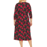 3/4 Sleeve Crew Neck All Over Floral Printed A-Line Midi Dress With Self Tie Belt - Plus