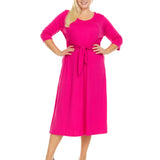 3/4 Sleeve Crew Neck Solid Color A-Line Midi Dress With Self Tie Belt - Plus