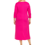 3/4 Sleeve Crew Neck Solid Color A-Line Midi Dress With Self Tie Belt - Plus