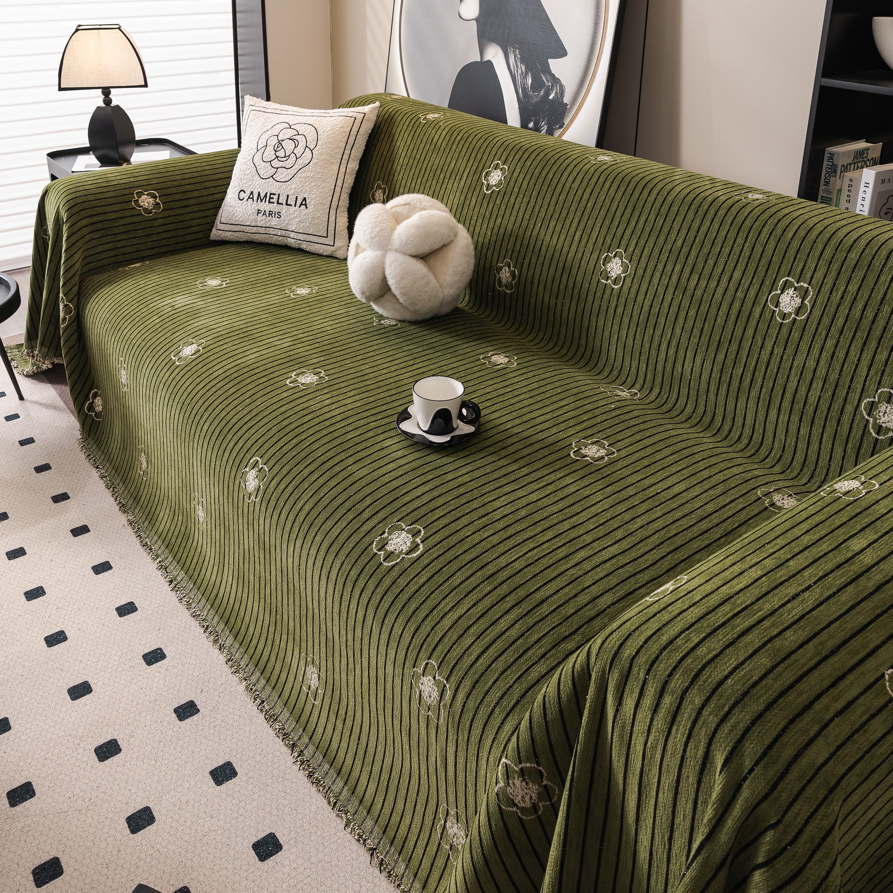 Chenille Camellia Floral Sofa Throw Cover Couch Blanket With Striped Jacquard