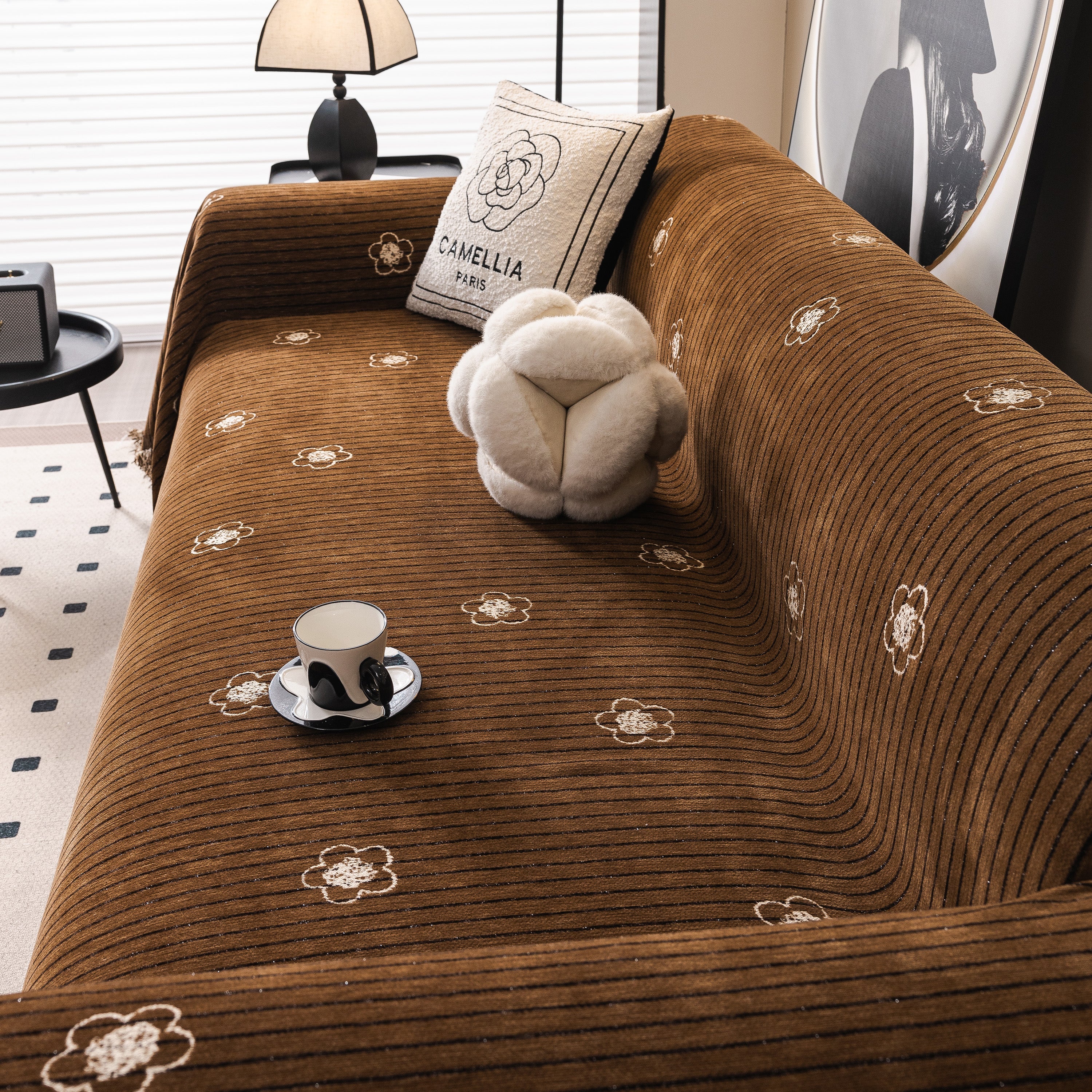Chenille Camellia Floral Sofa Throw Cover Couch Blanket With Striped Jacquard