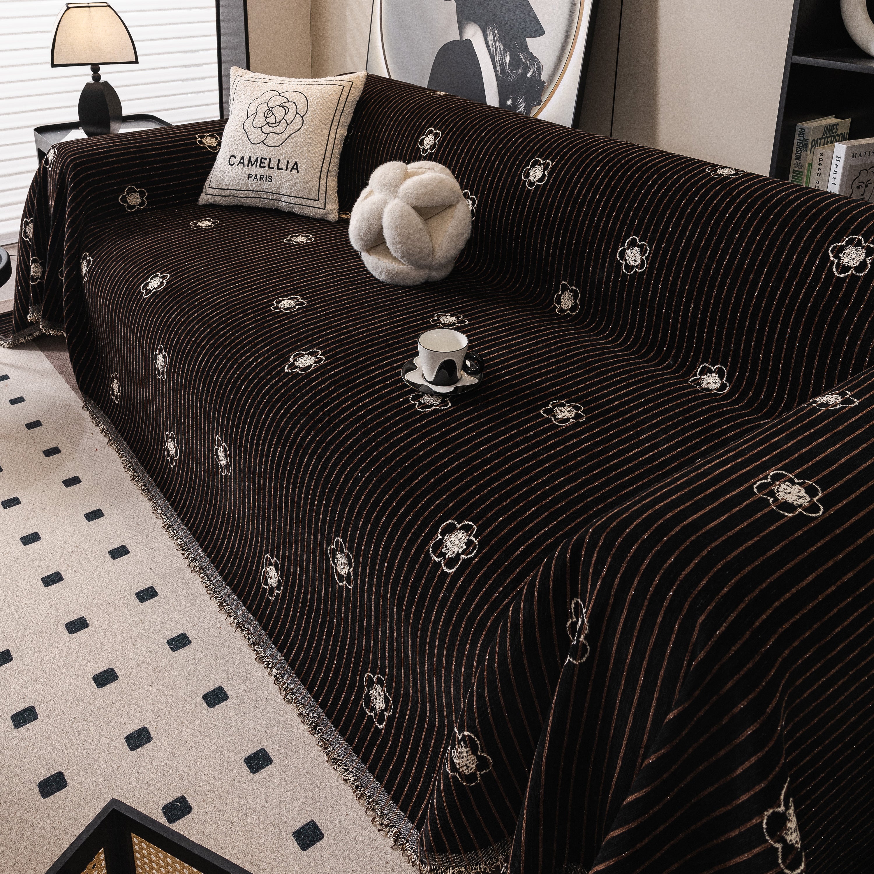 Chenille Camellia Floral Sofa Throw Cover Couch Blanket With Striped Jacquard