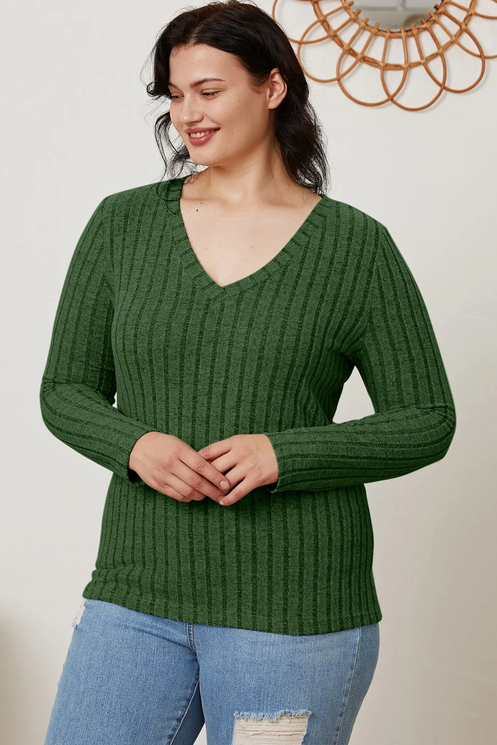 Basic Bae Full Size Ribbed V-neck Long Sleeve Knit Top | Includes Plus Size