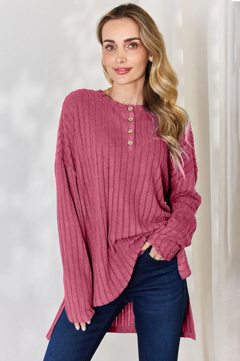Basic Bae Full Size Ribbed Half Button Long Sleeve High-low Knit Top | Includes Plus Size