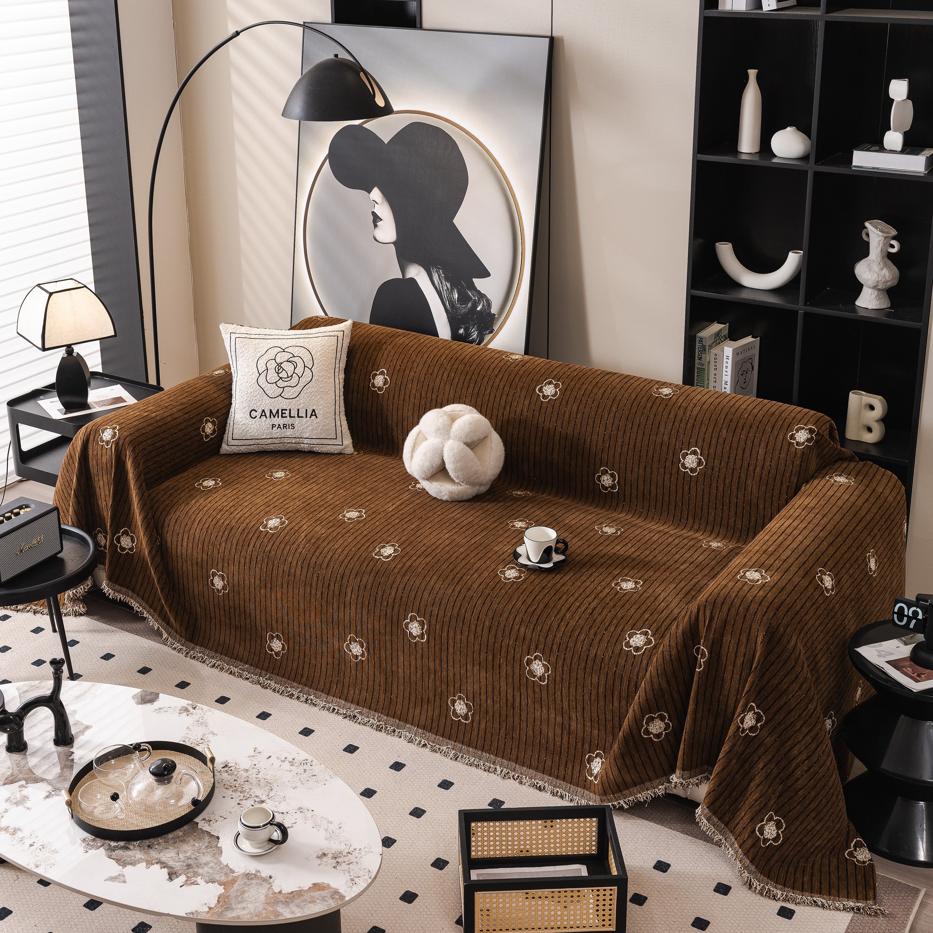 Chenille Camellia Floral Sofa Throw Cover Couch Blanket With Striped Jacquard