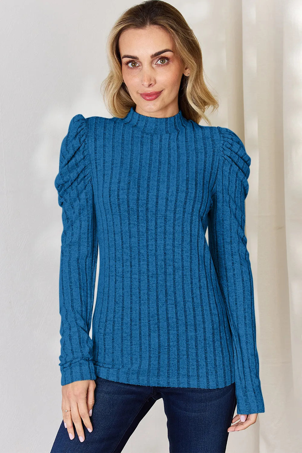 Basic Bae Full Size Ribbed Mock Neck Puff Sleeve T-shirt | Includes Plus Size
