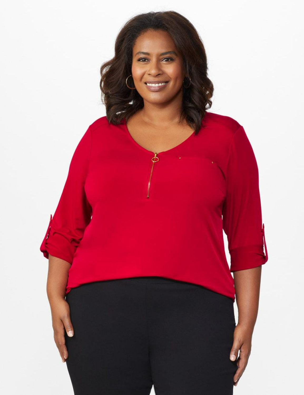 Dressbarn Plus Women's Roz And Ali Three-Quarter Sleeve With Slight Shirttail Hem And Front Zip Knit Top