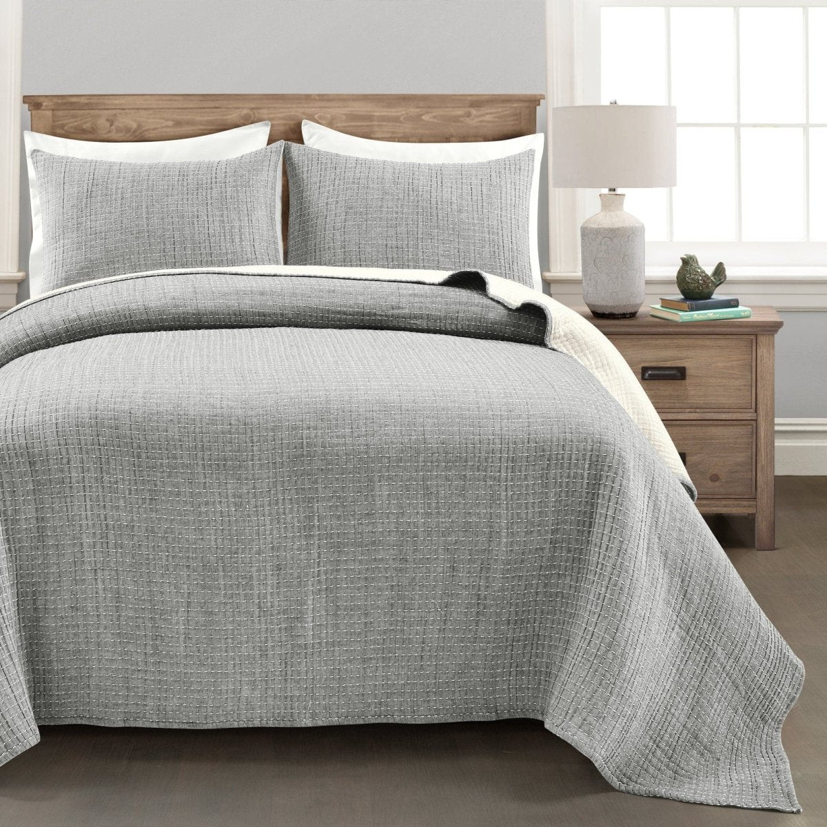 Solid Kantha Pick Stitch Yarn Dyed Cotton Woven Quilt/coverlet Set