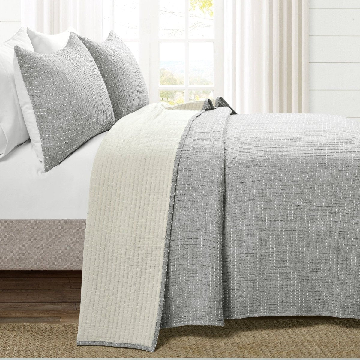 Solid Kantha Pick Stitch Yarn Dyed Cotton Woven Quilt/coverlet Set