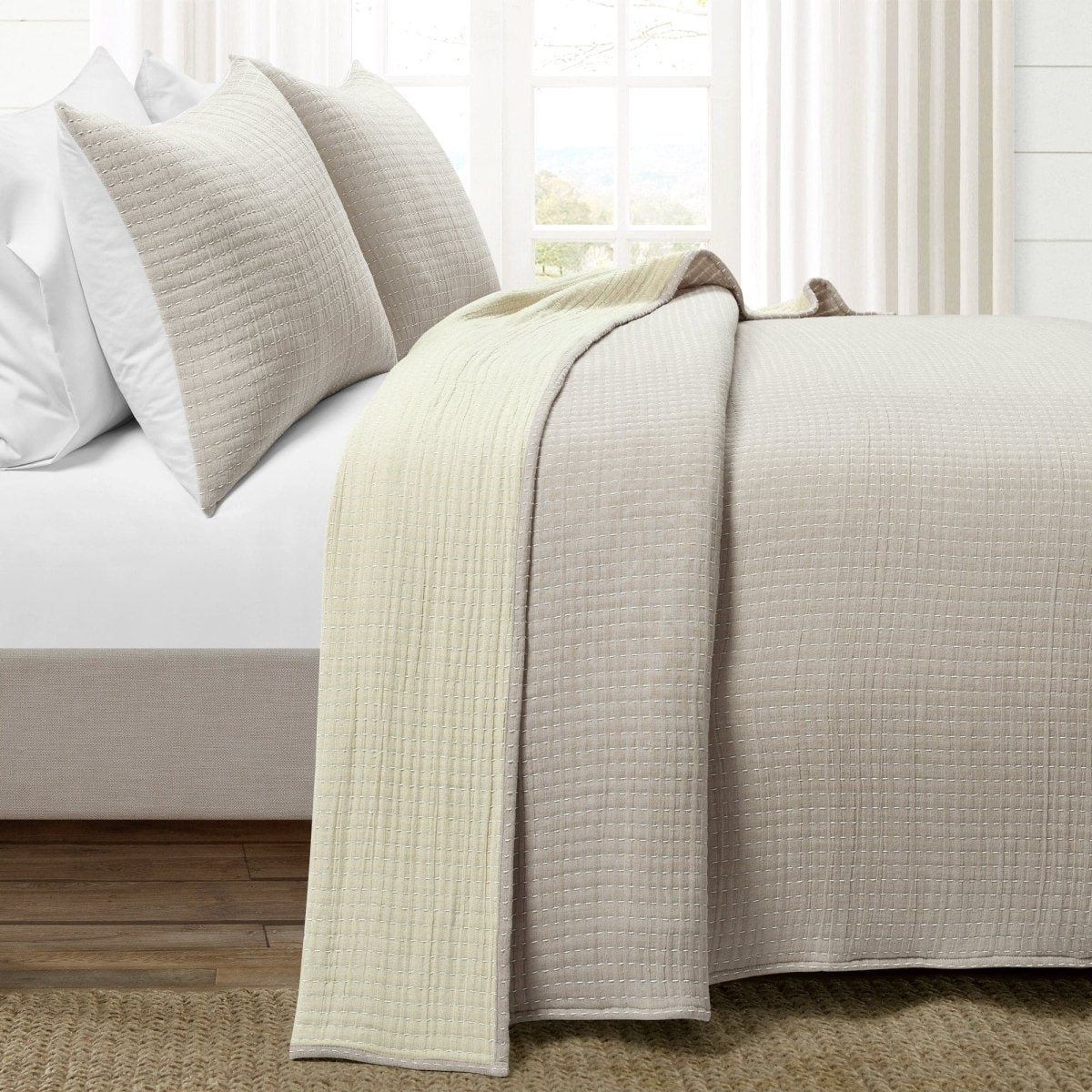 Solid Kantha Pick Stitch Yarn Dyed Cotton Woven Quilt/coverlet Set
