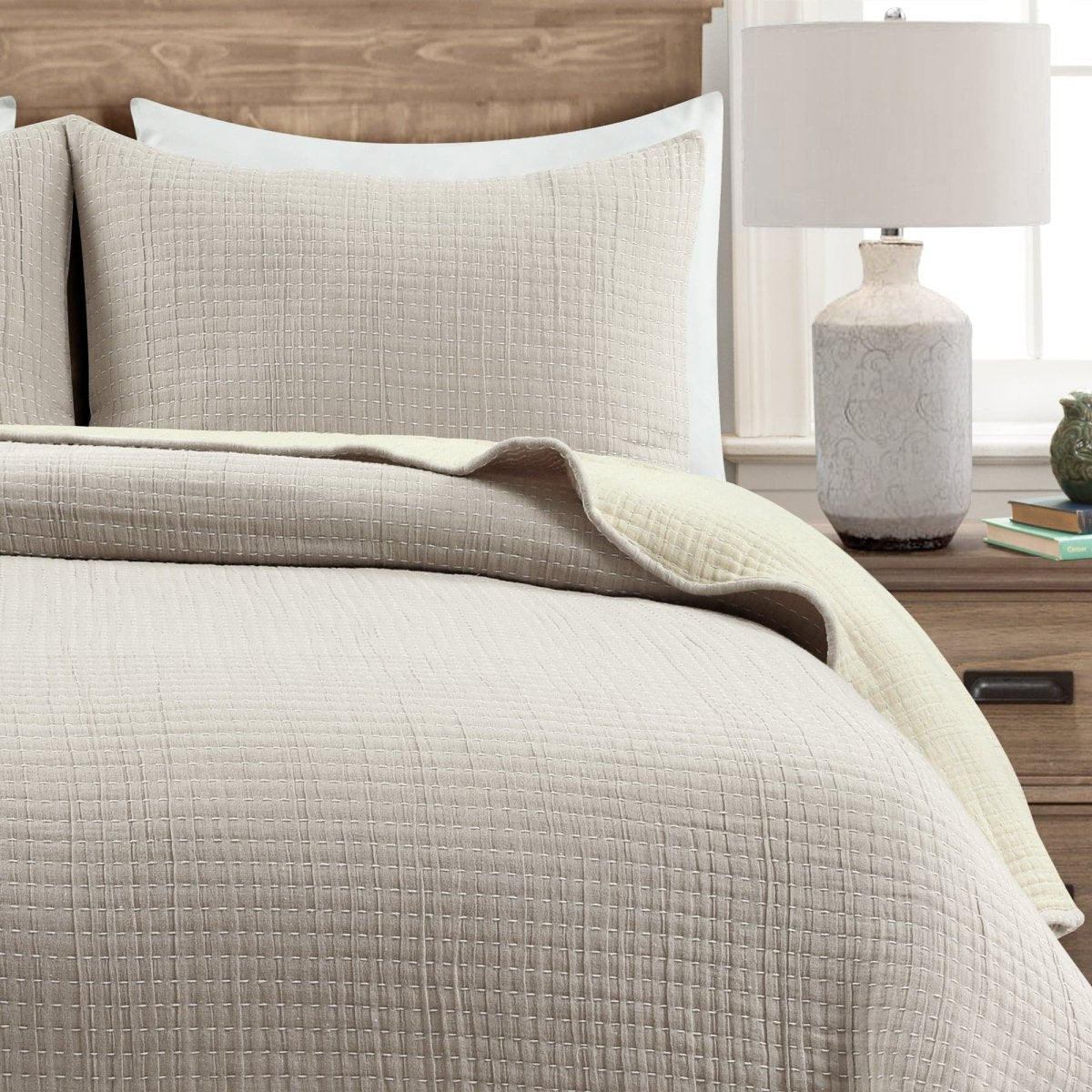 Solid Kantha Pick Stitch Yarn Dyed Cotton Woven Quilt/coverlet Set