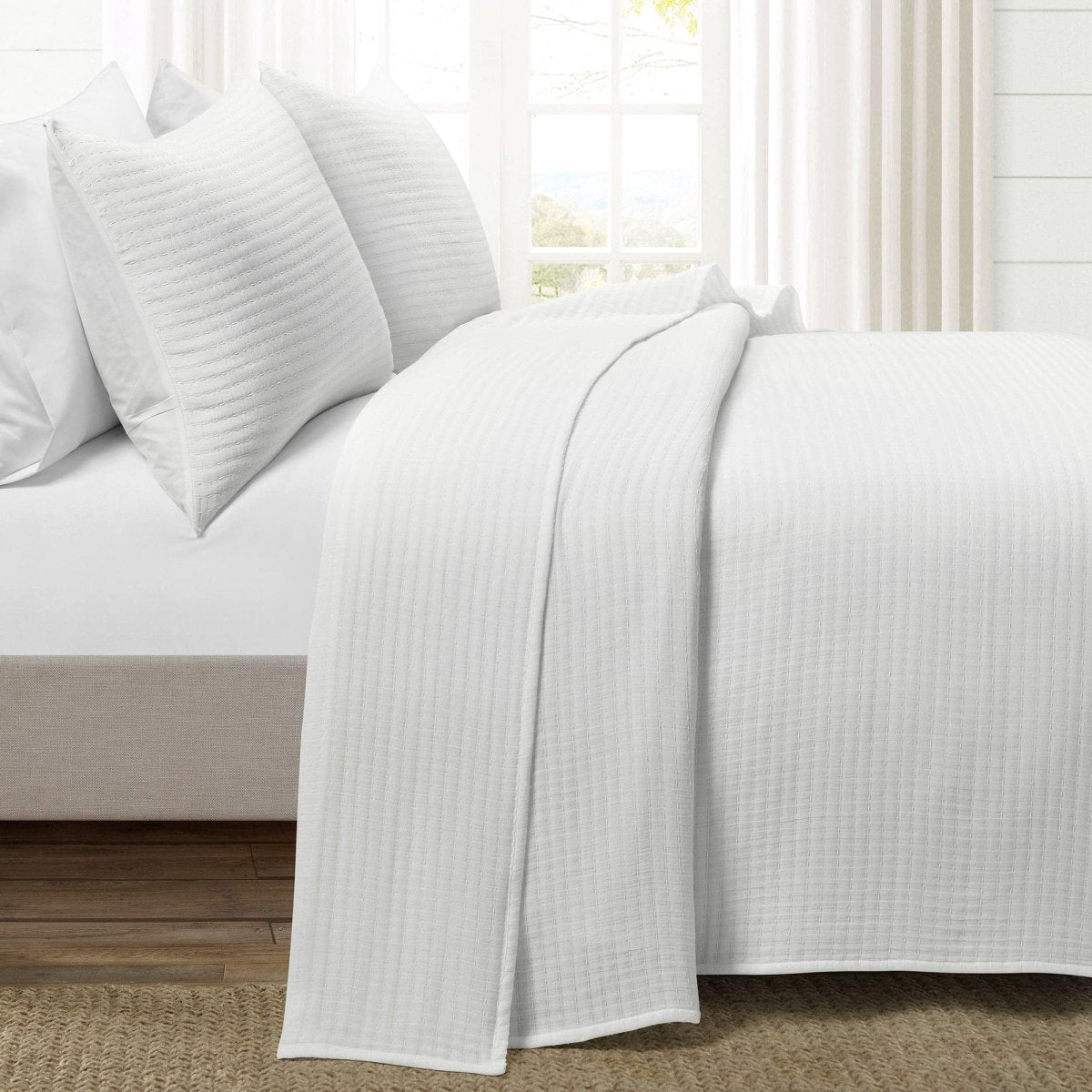 Solid Kantha Pick Stitch Yarn Dyed Cotton Woven Quilt/coverlet Set
