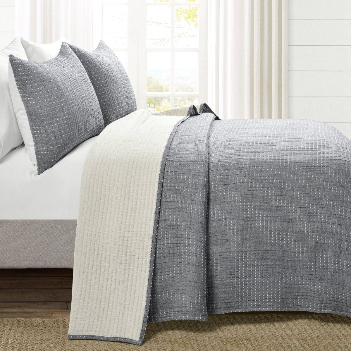 Solid Kantha Pick Stitch Yarn Dyed Cotton Woven Quilt/coverlet Set