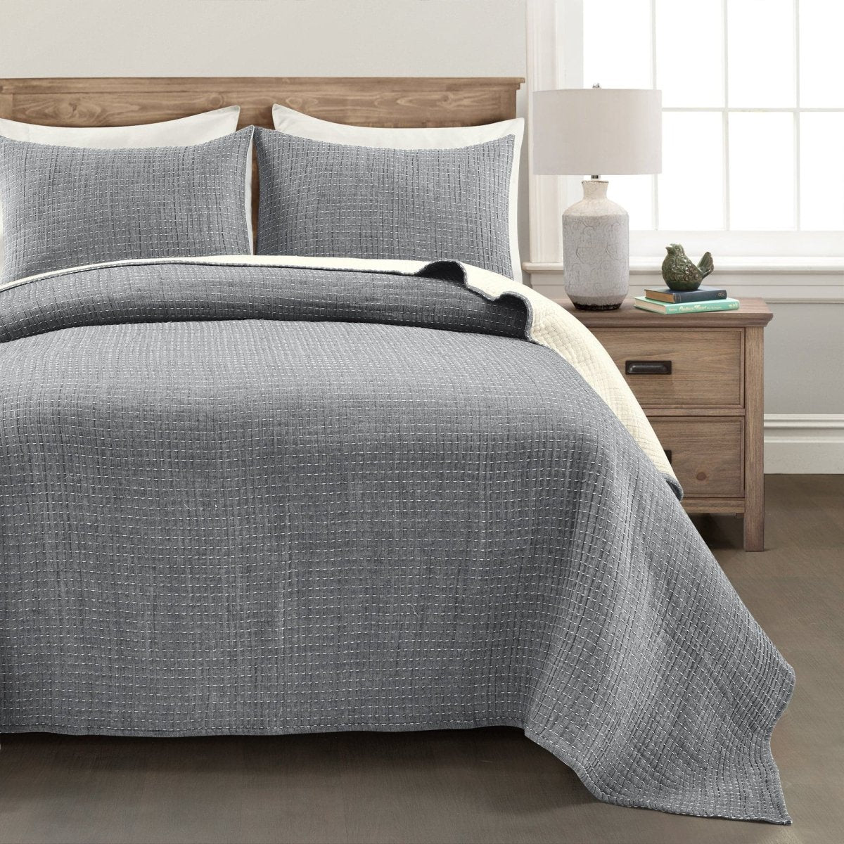 Solid Kantha Pick Stitch Yarn Dyed Cotton Woven Quilt/coverlet Set