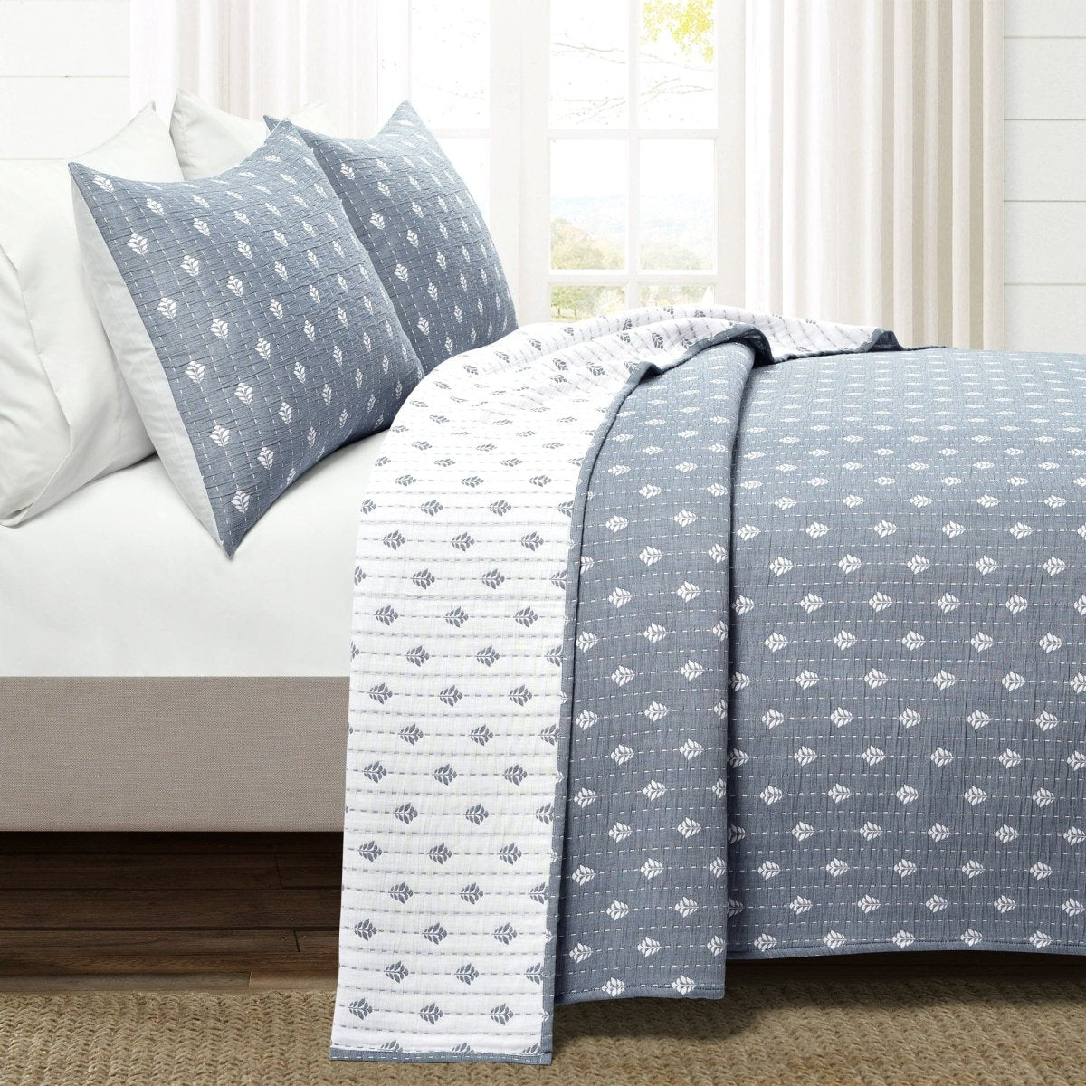 Hygge Kantha Pick Stitch Yarn Dyed Cotton Jacquard Quilt/coverlet Set