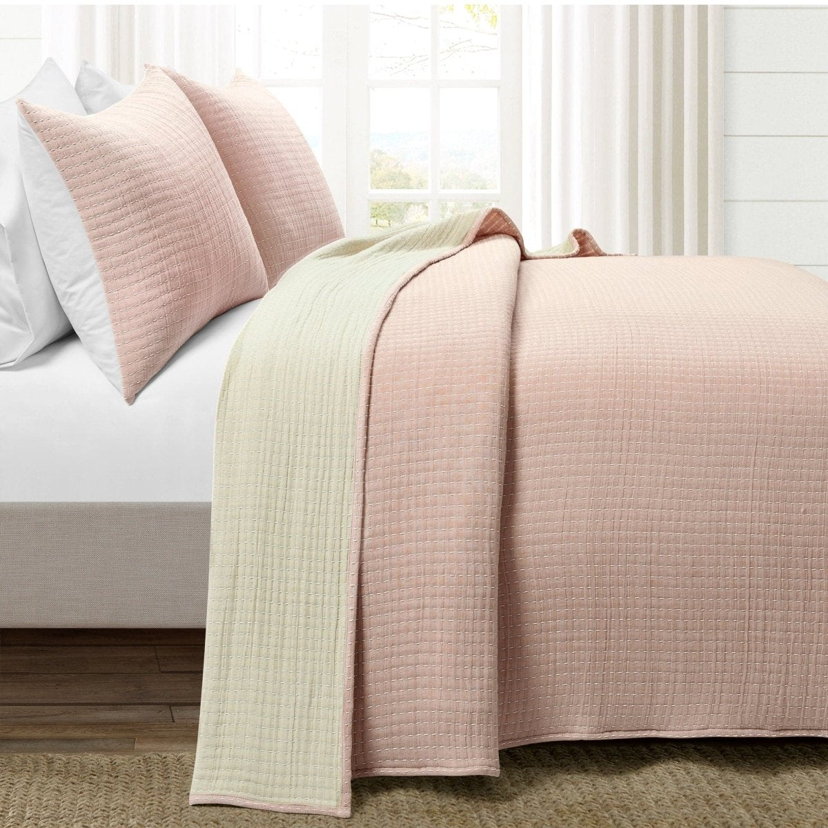 Solid Kantha Pick Stitch Yarn Dyed Cotton Woven Quilt/coverlet Set