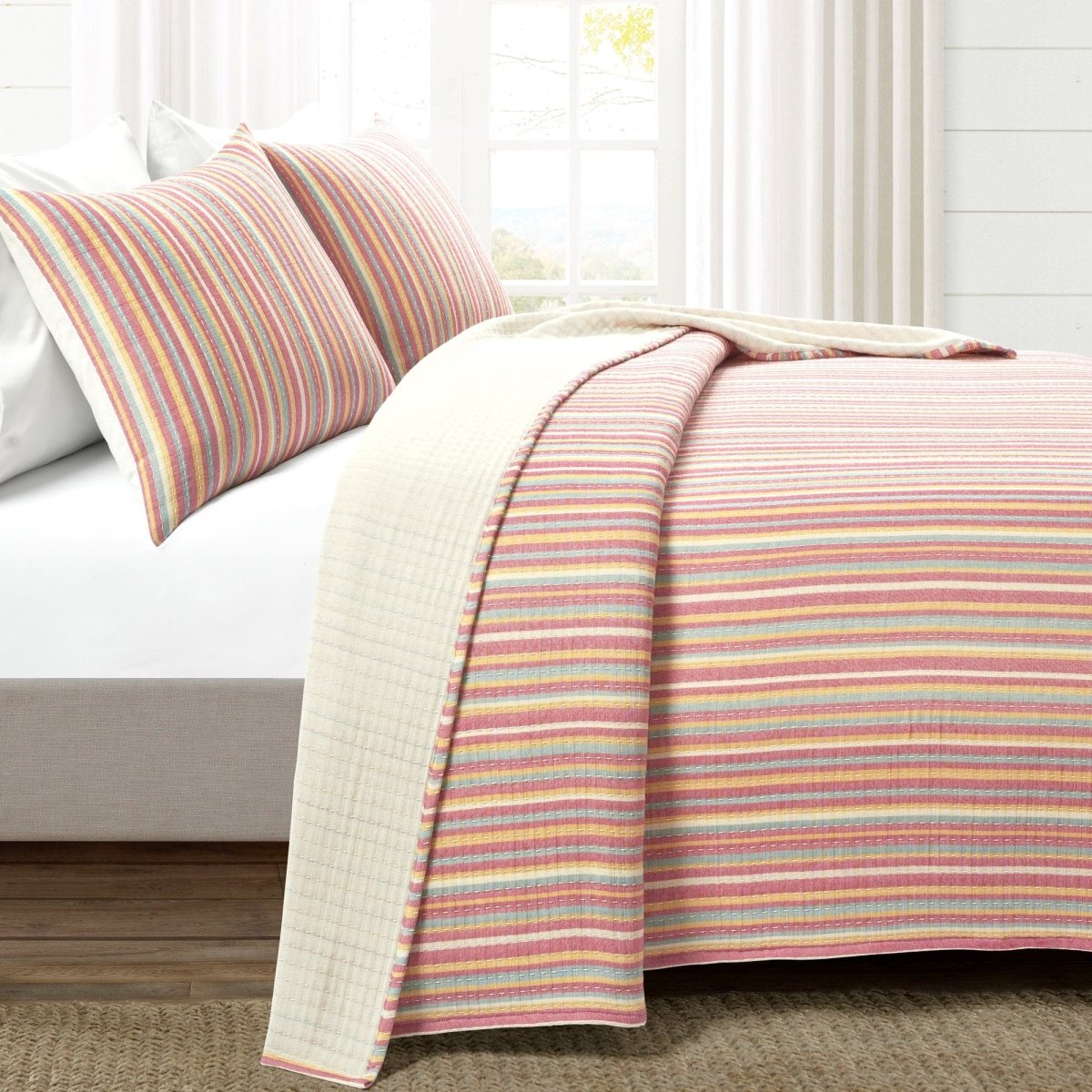 Tracy Stripe Pick Stitch Kantha Yarn Dyed Cotton Woven Quilt/coverlet Set