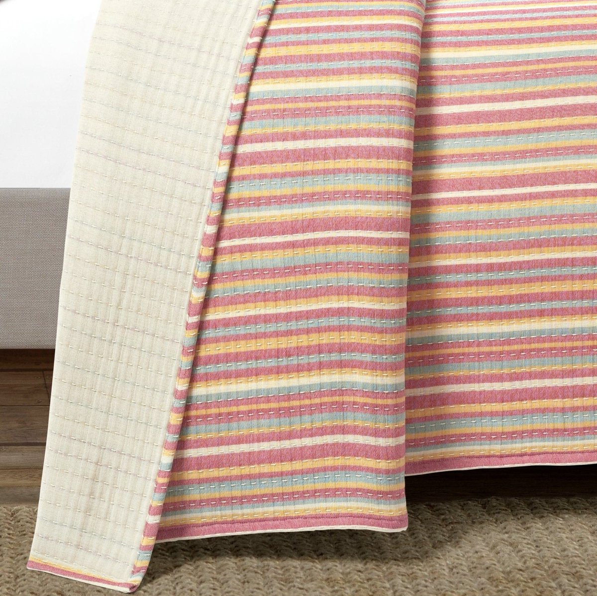 Tracy Stripe Pick Stitch Kantha Yarn Dyed Cotton Woven Quilt/coverlet Set