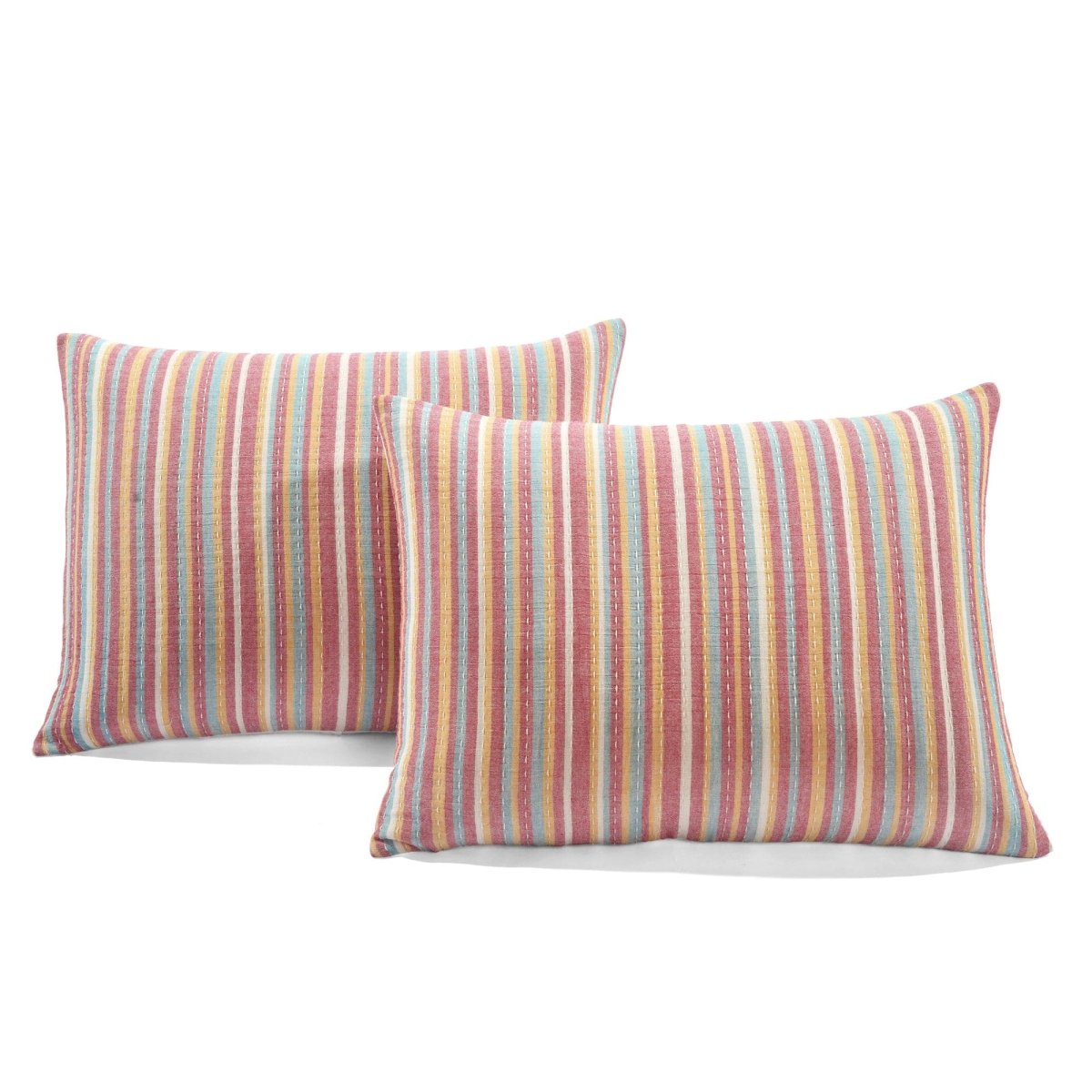 Tracy Stripe Pick Stitch Kantha Yarn Dyed Cotton Woven Quilt/coverlet Set