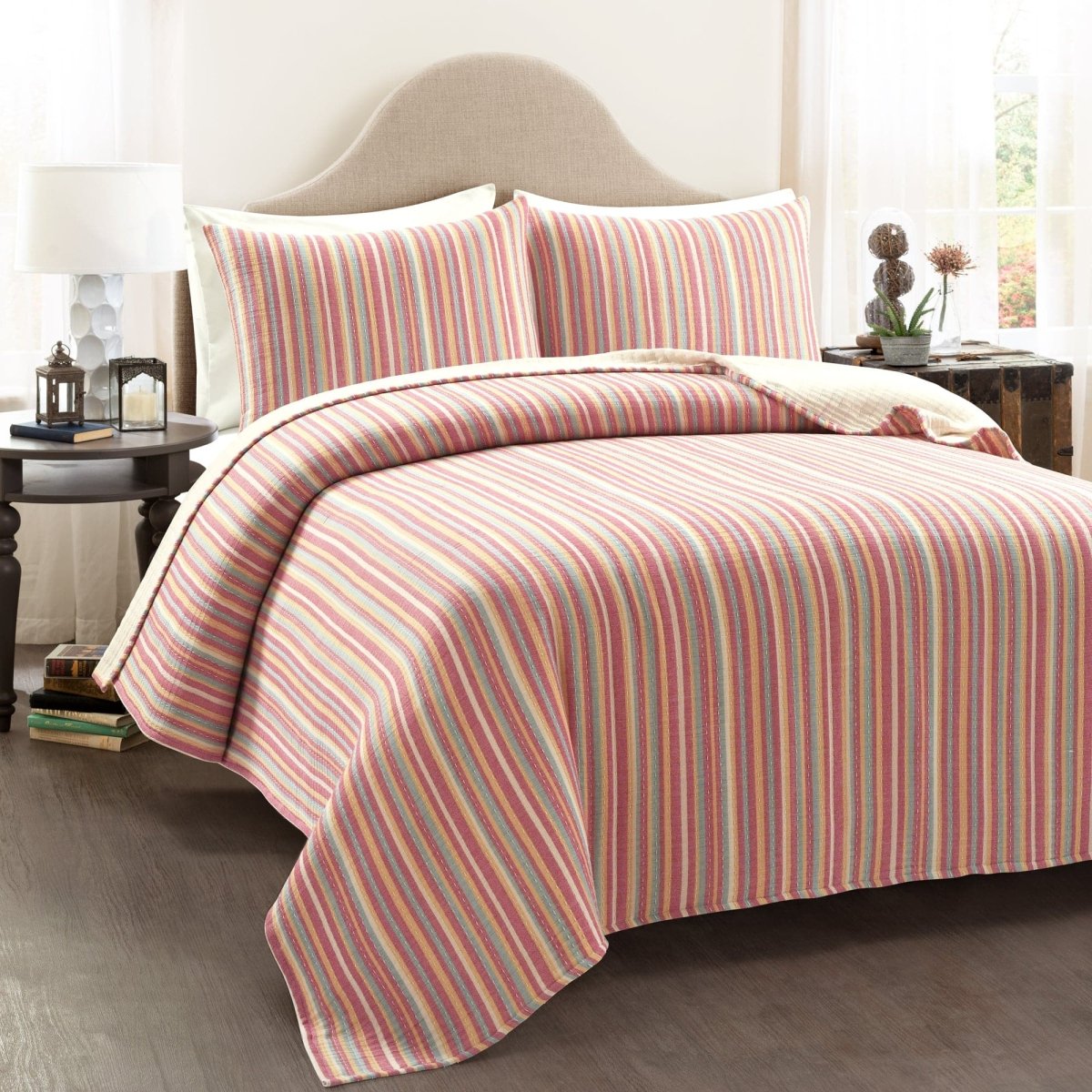 Tracy Stripe Pick Stitch Kantha Yarn Dyed Cotton Woven Quilt/coverlet Set
