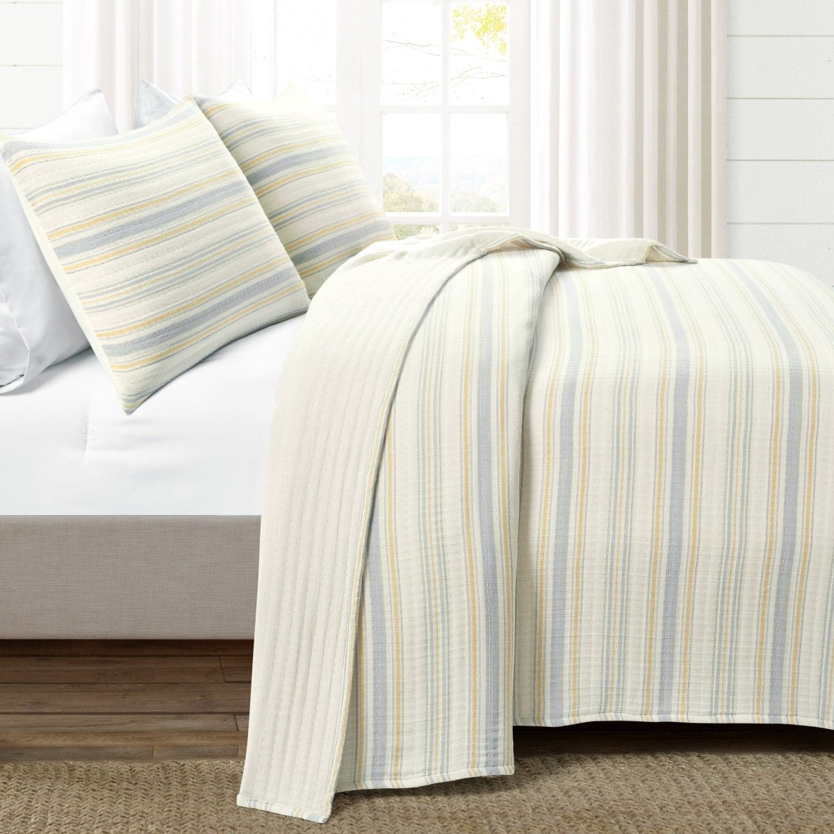 Solange Stripe Kantha Pick Stitch Yarn Dyed Cotton Woven Quilt/coverlet Set