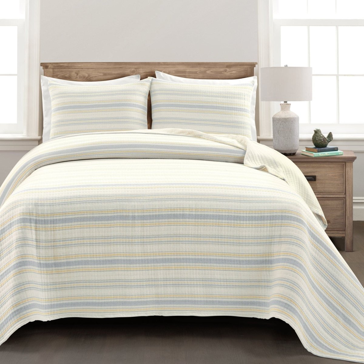 Solange Stripe Kantha Pick Stitch Yarn Dyed Cotton Woven Quilt/coverlet Set